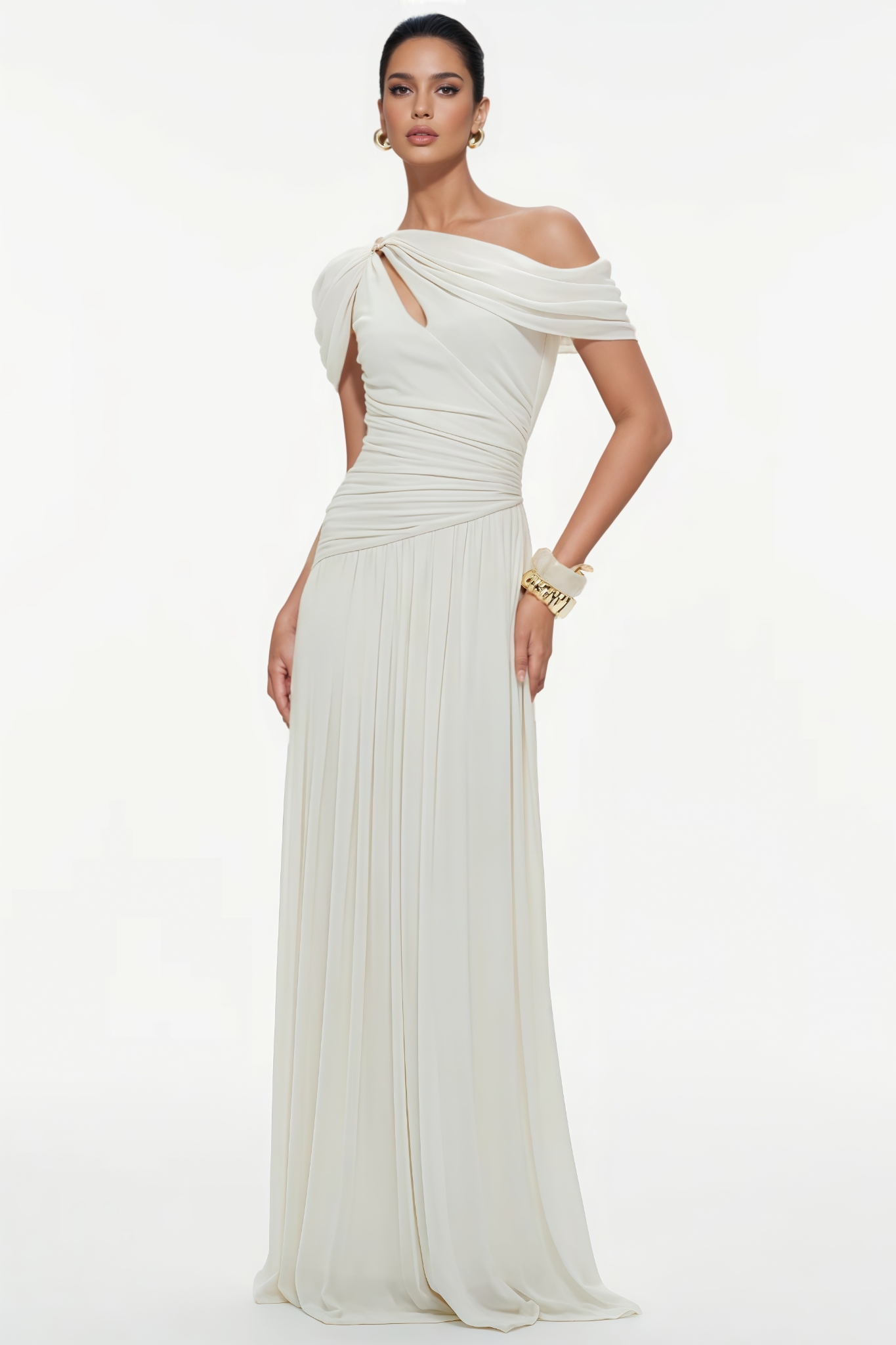Rurby Pleated Draped Shoulder Maxi Dress