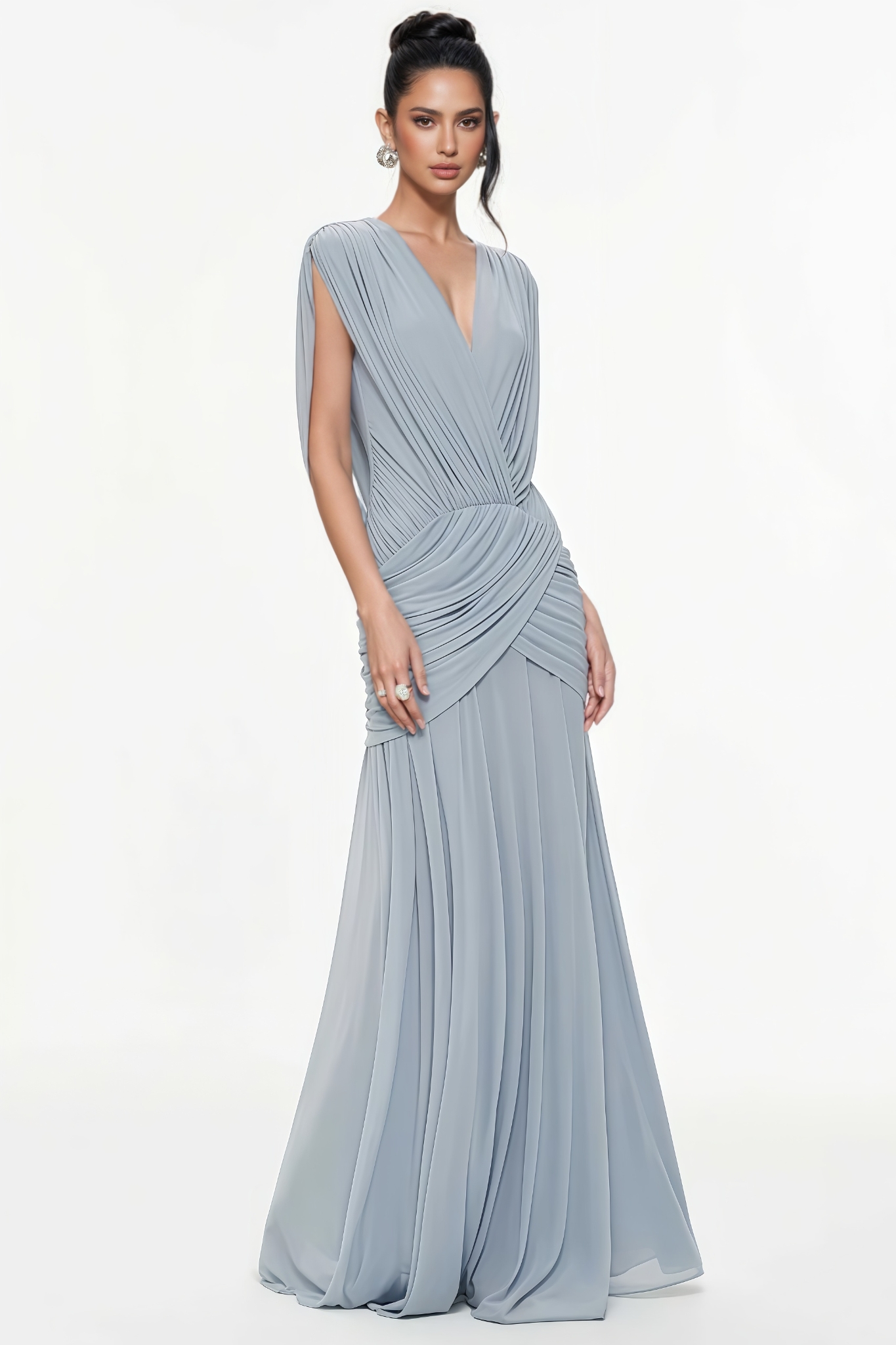 Charlotte Blue Ruched Stretch Mesh Maxi Dress