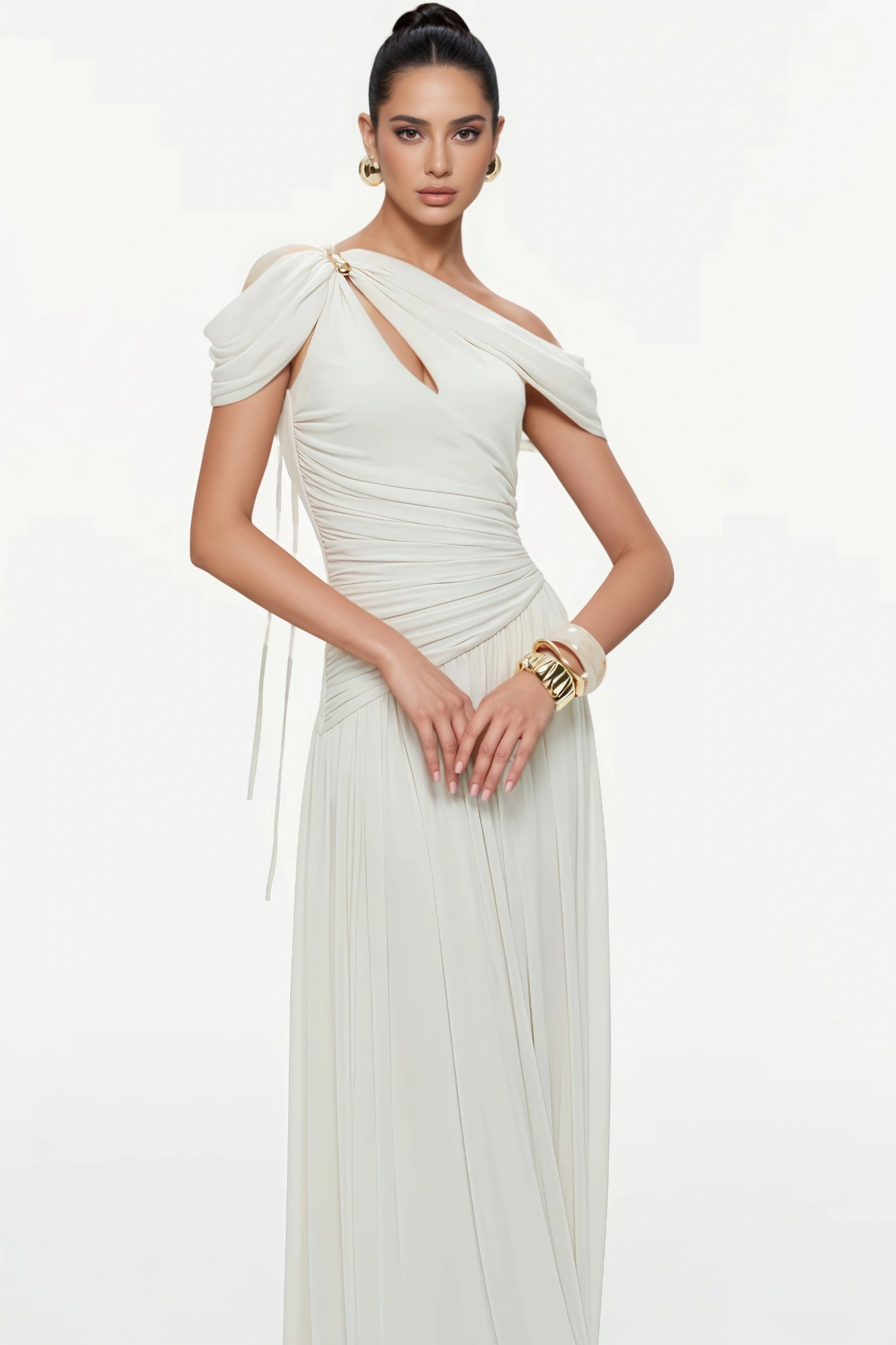 Rurby Pleated Draped Shoulder Maxi Dress