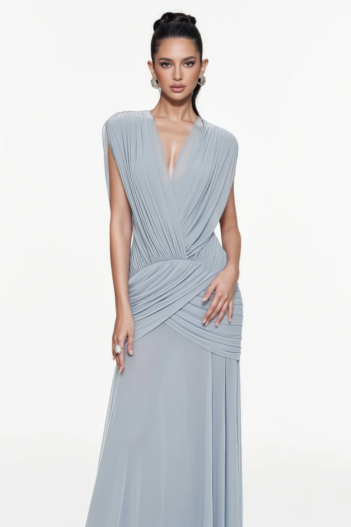 Charlotte Blue Ruched Stretch Mesh Maxi Dress