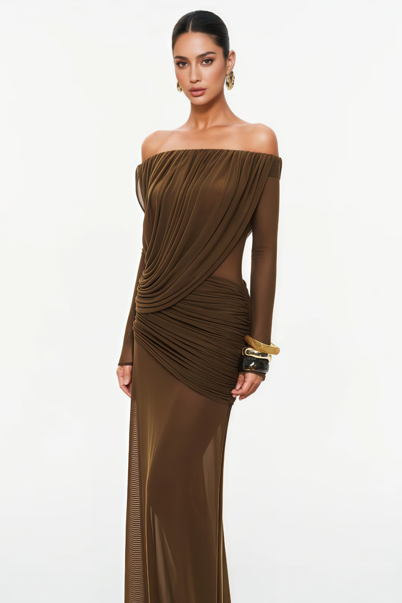 Finlod Off Shoulder Draped Mesh Maxi Dress
