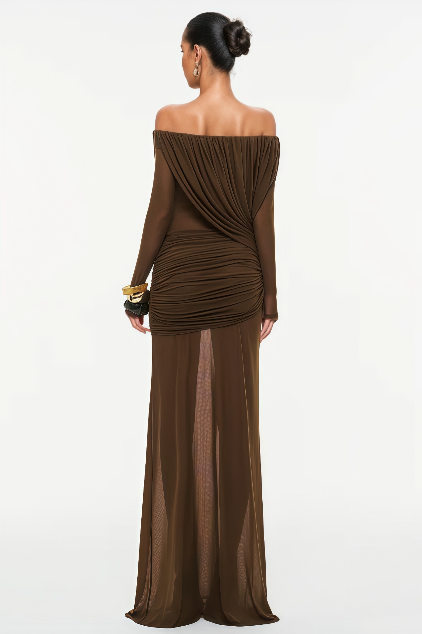 Finlod Off Shoulder Draped Mesh Maxi Dress