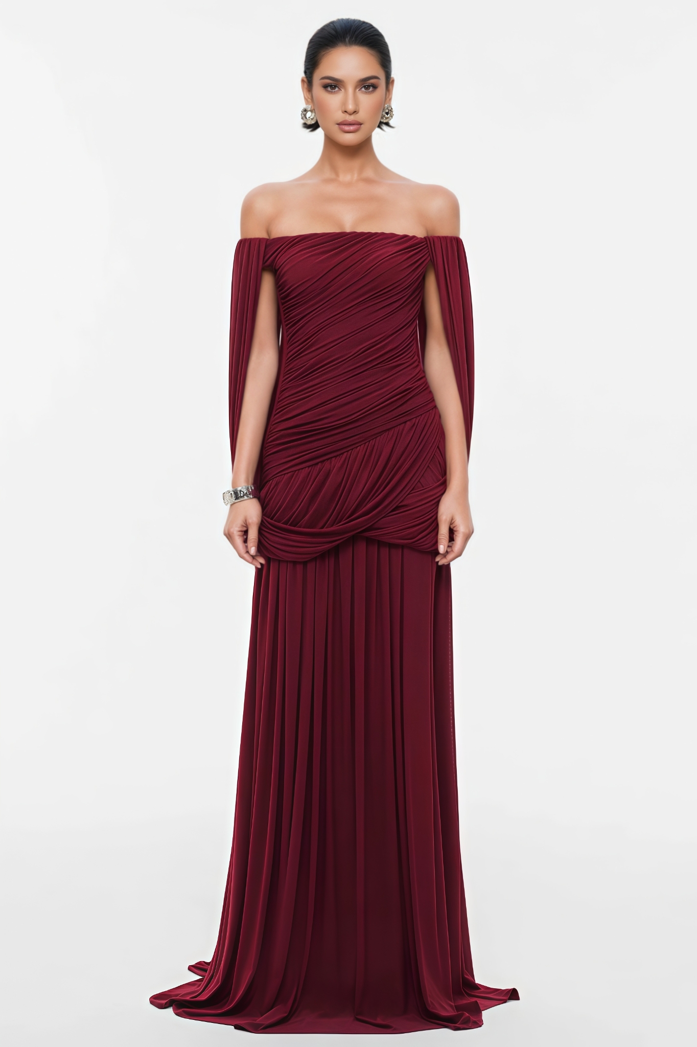 Quigsy Red Off Shoulder Ruched Maxi Dress
