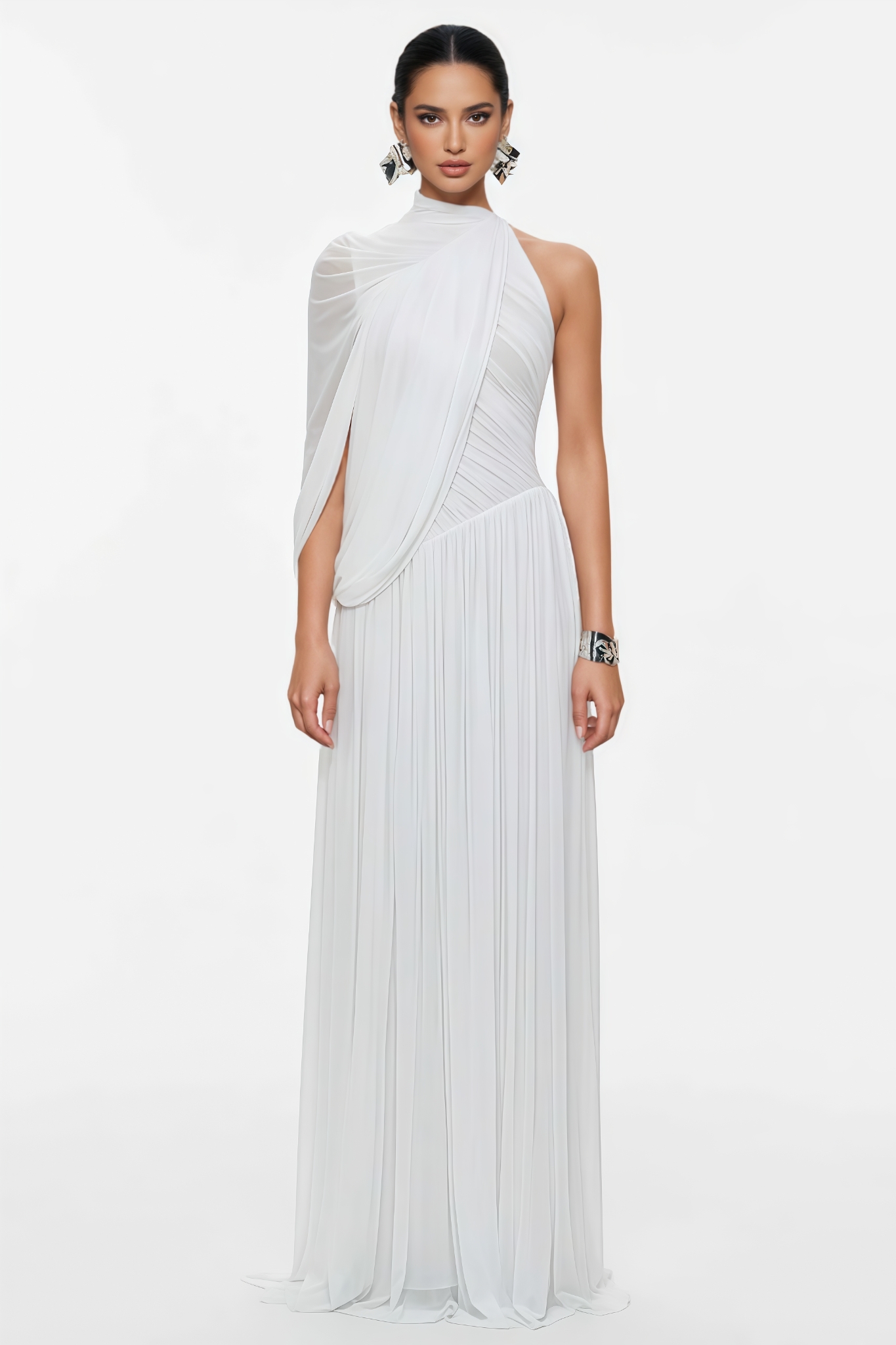 Miltay White One Shoulder Ruched Maxi Dress