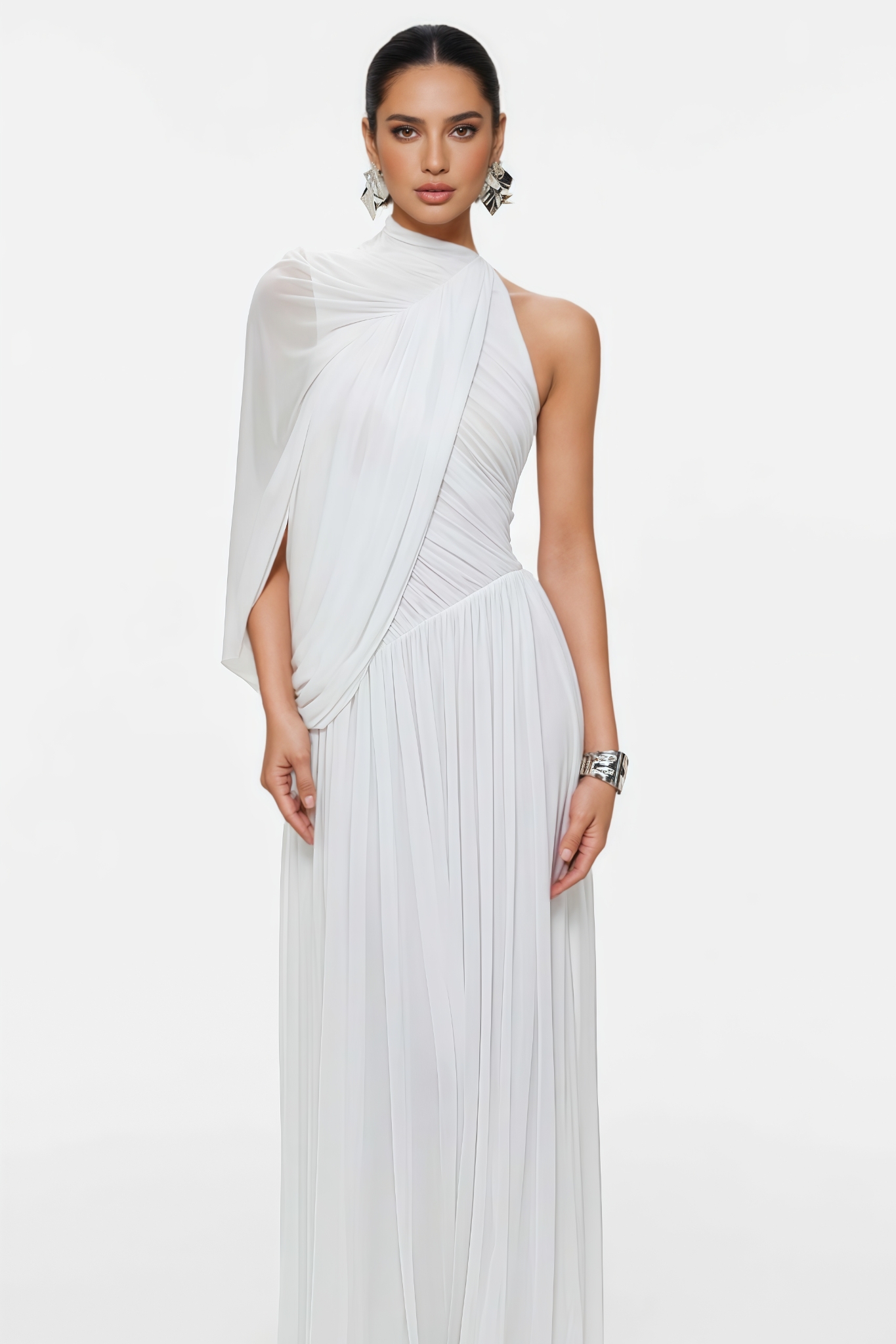 Miltay White One Shoulder Ruched Maxi Dress