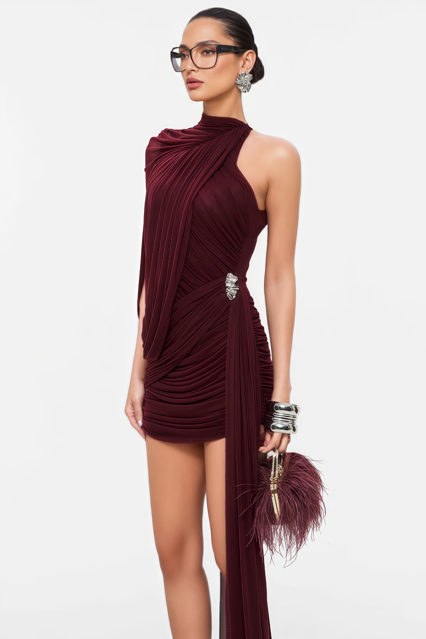 Fanrie Red One Shoulder Cape Ruched Mini Dress