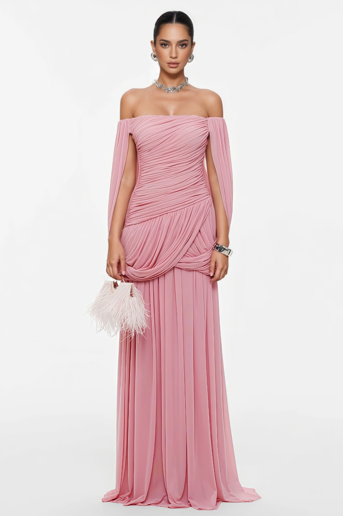 Sylme Pink Off Shoulder Ruched Maxi Dress