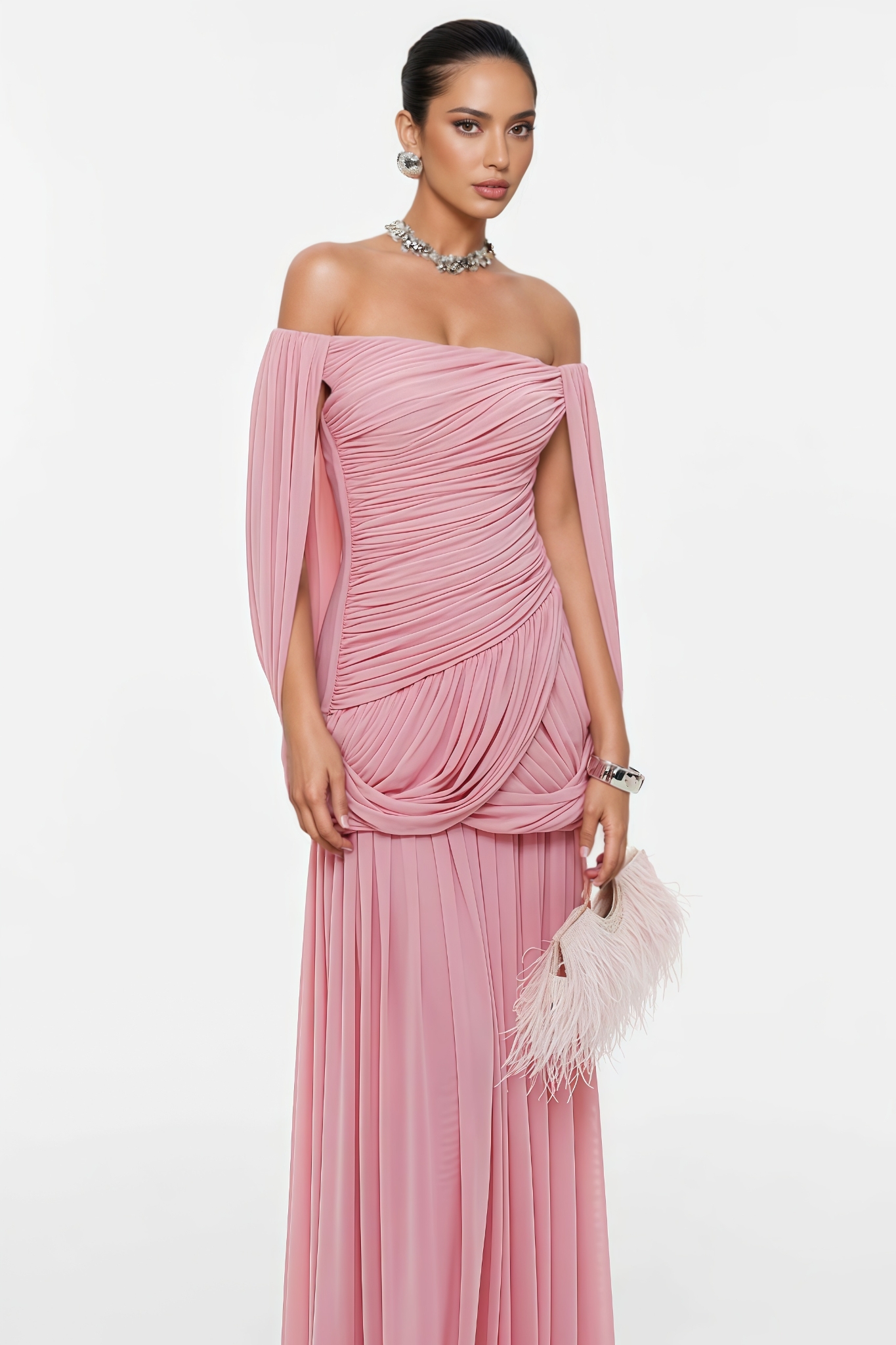 Sylme Pink Off Shoulder Ruched Maxi Dress