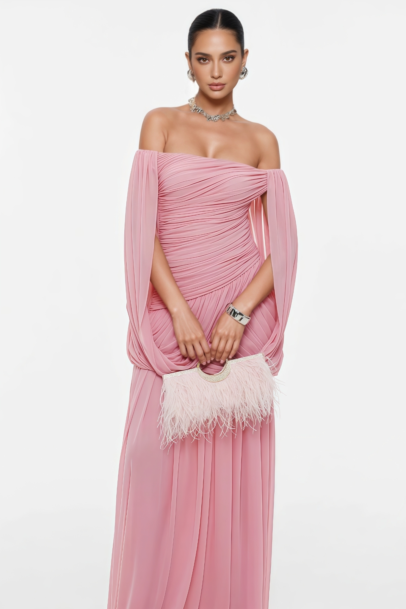 Sylme Pink Off Shoulder Ruched Maxi Dress
