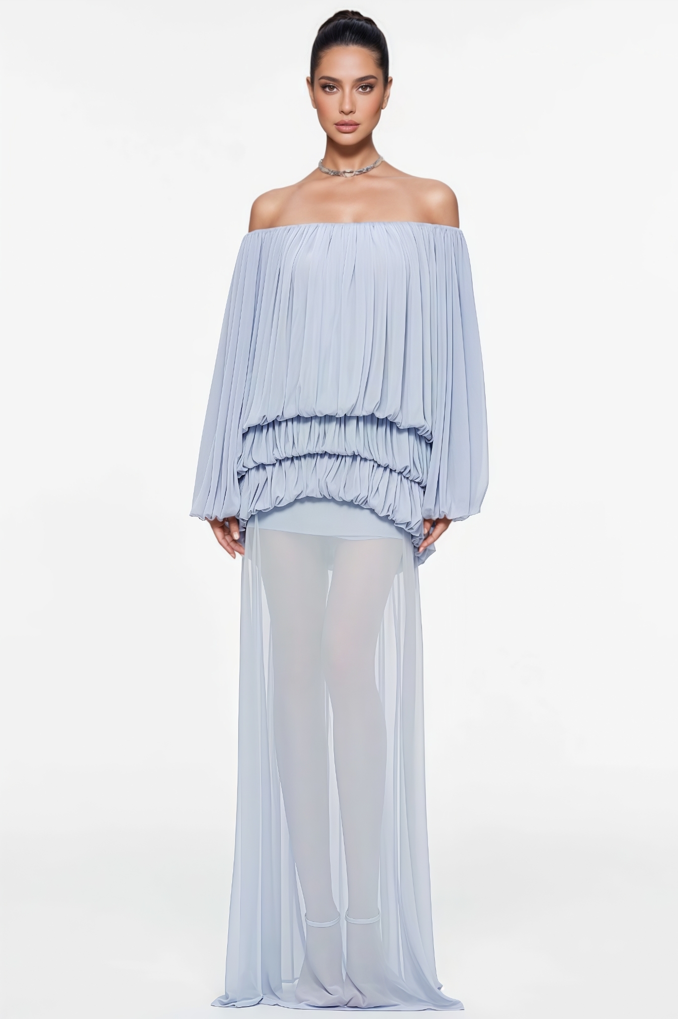 Wannah Blue Off The Shoulder Mesh Maxi Dress Set