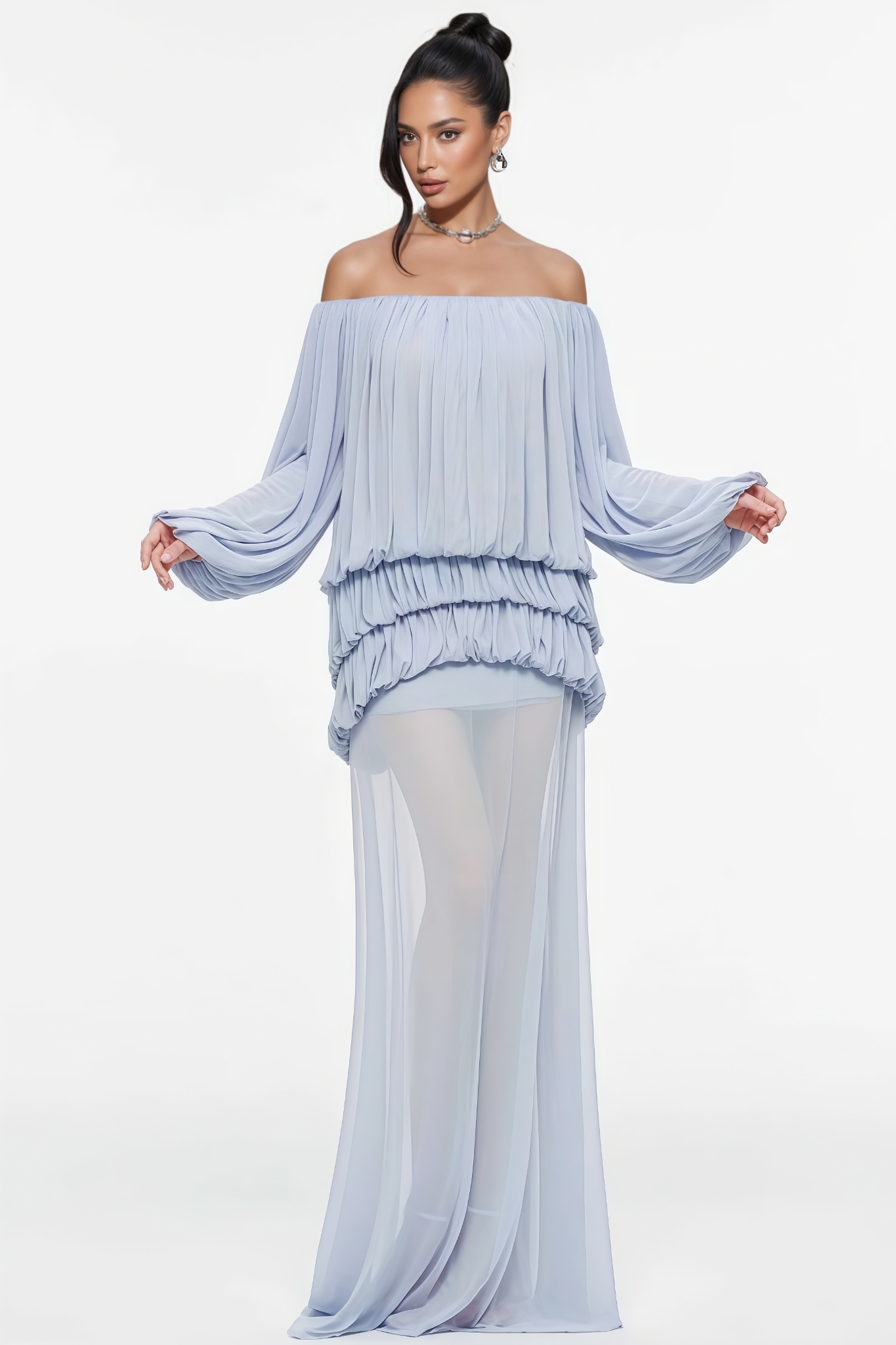 Wannah Blue Off The Shoulder Mesh Maxi Dress Set