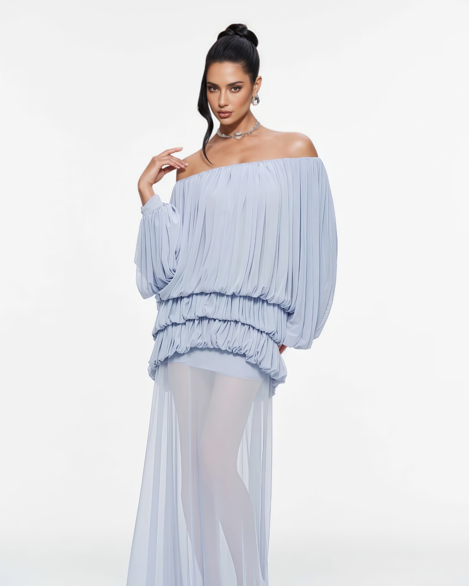 Wannah Blue Off The Shoulder Mesh Maxi Dress Set
