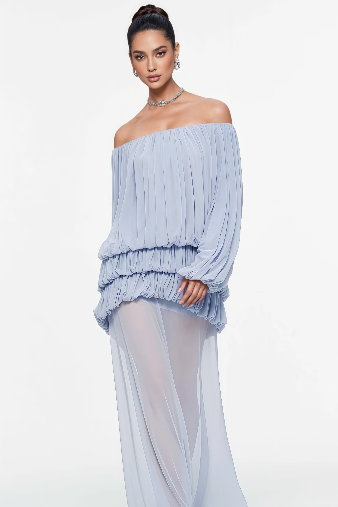 Wannah Blue Off The Shoulder Mesh Maxi Dress Set
