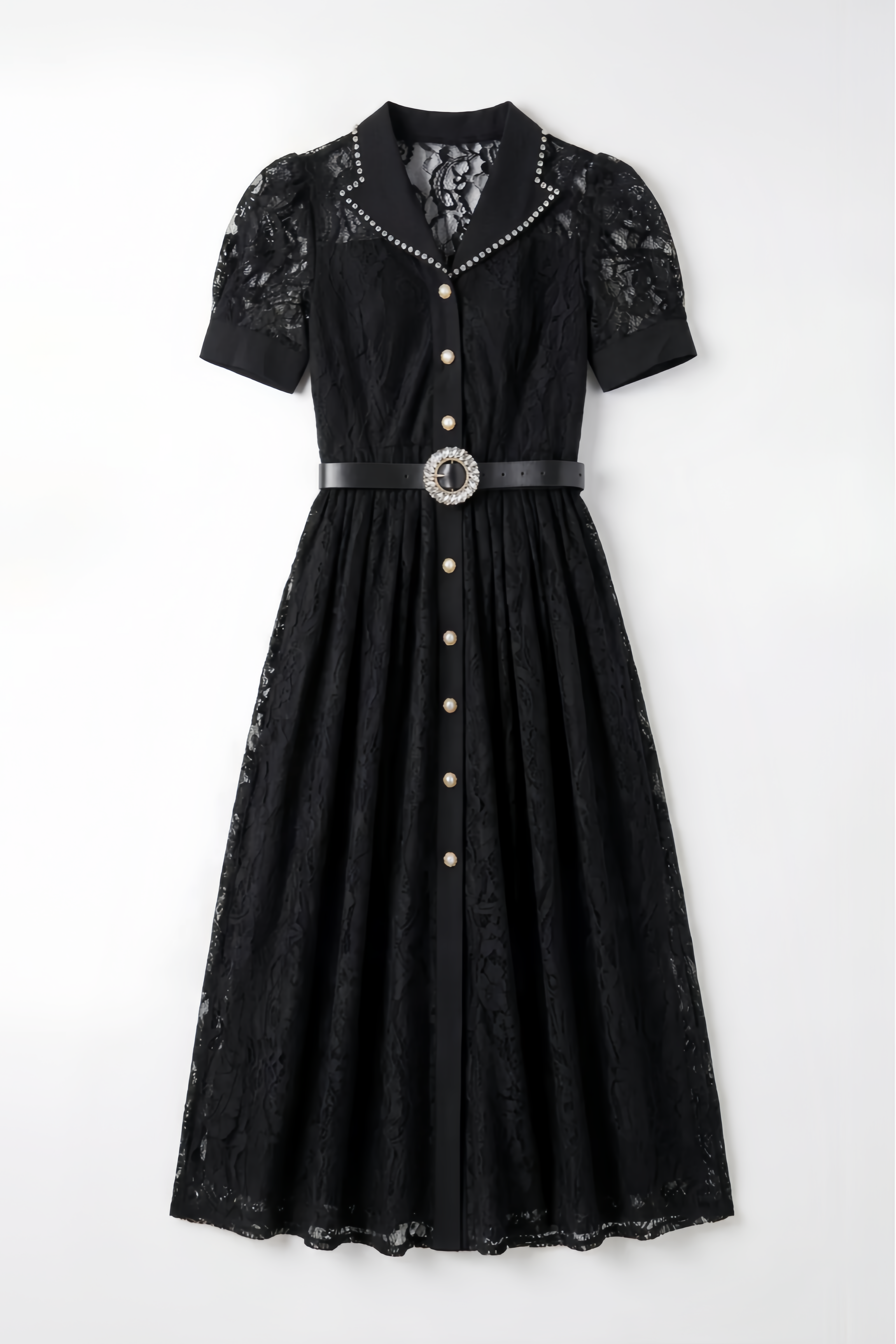 Runthe Black Lapel Collar Lace Maxi Dress