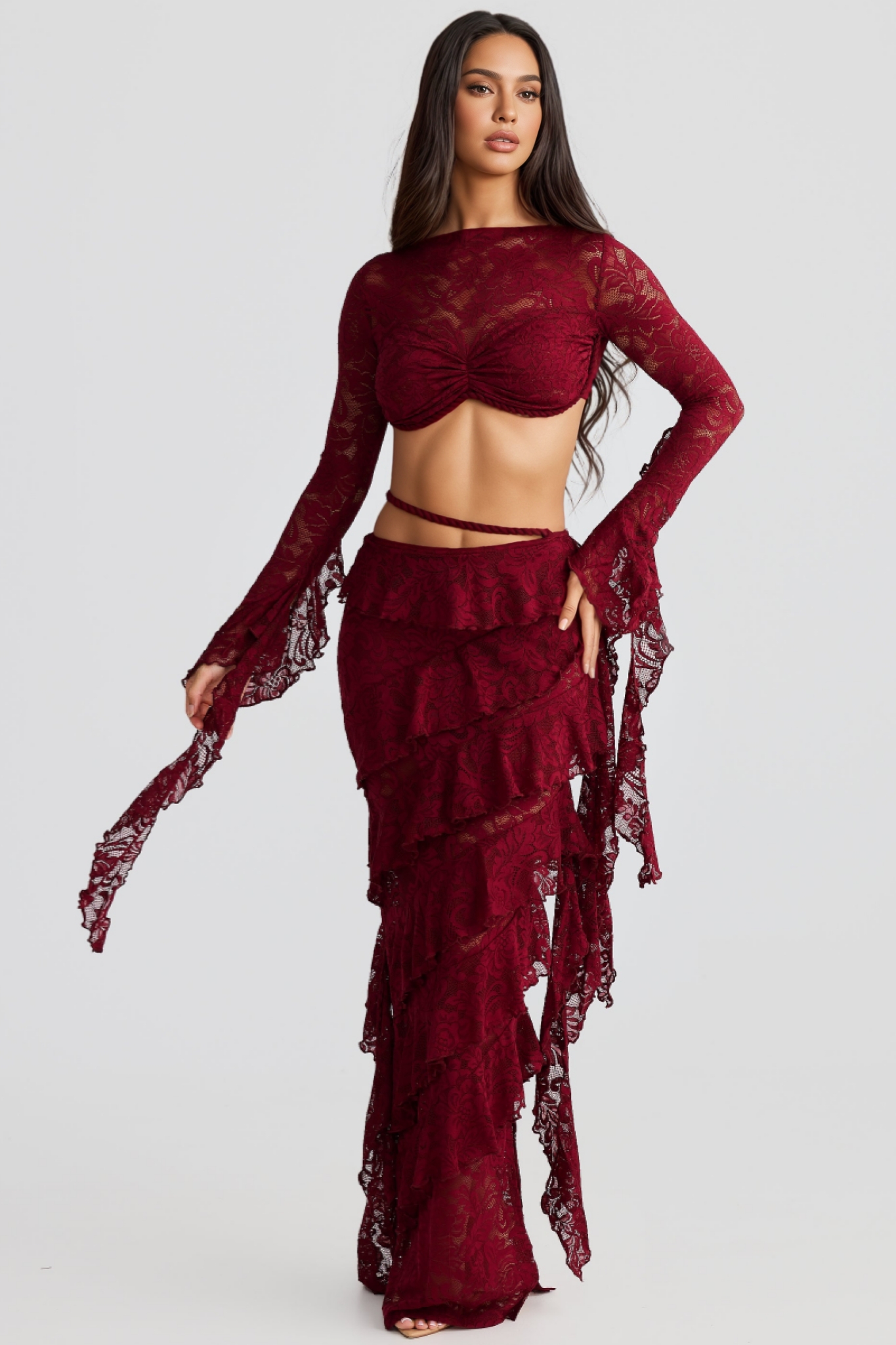 Gifford Red Lace Layered Ribbon Maxi Dress Set