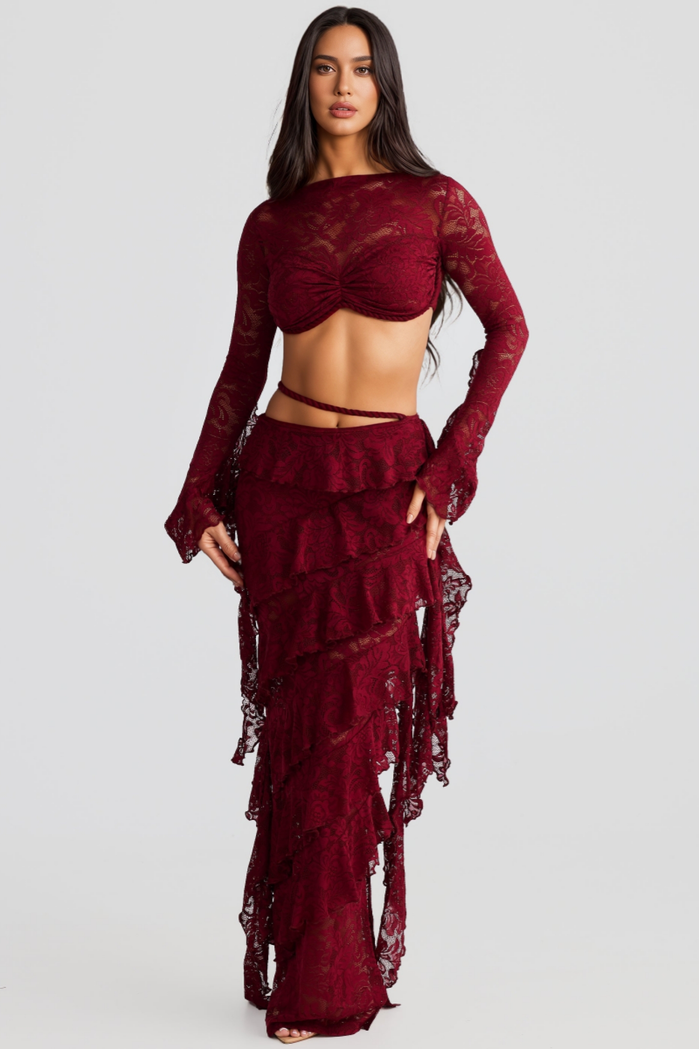 Gifford Red Lace Layered Ribbon Maxi Dress Set