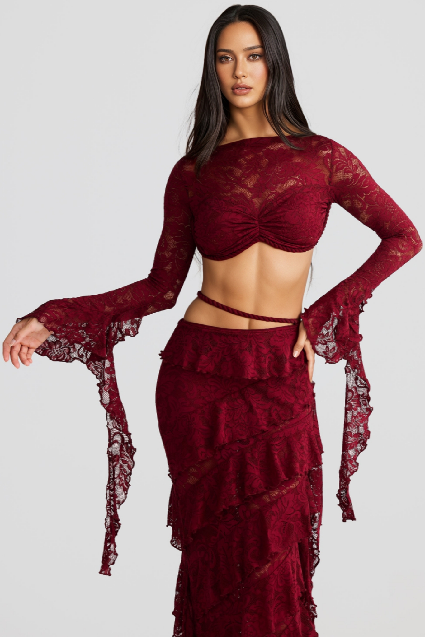 Gifford Red Lace Layered Ribbon Maxi Dress Set