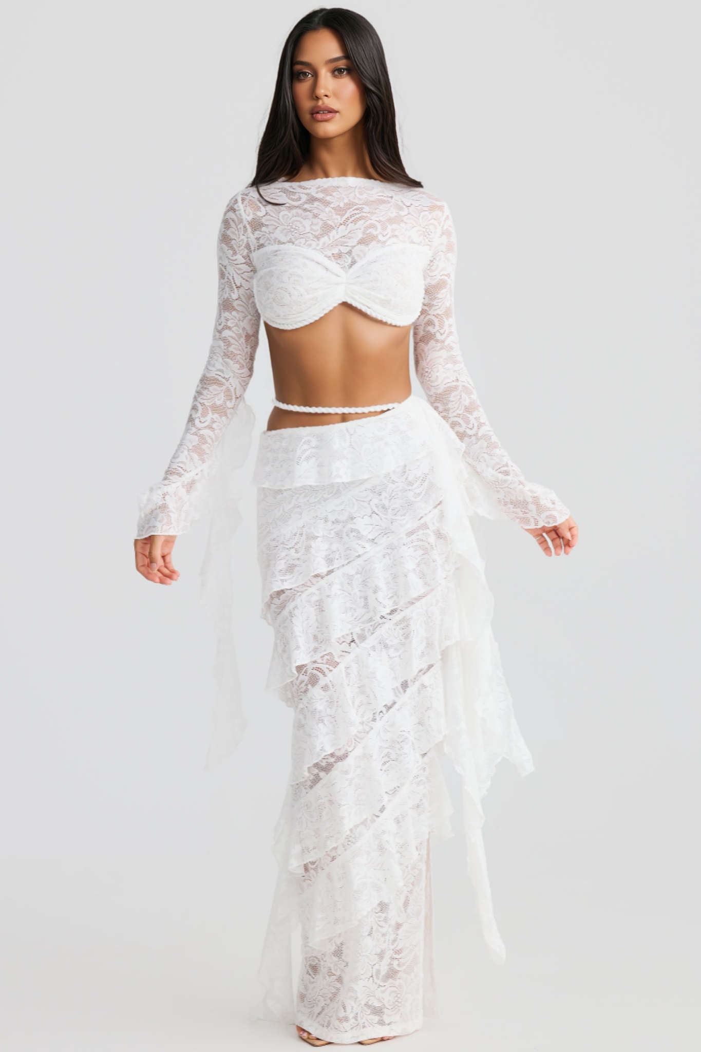 Margaux White Lace Layered Ribbon Maxi Dress Set