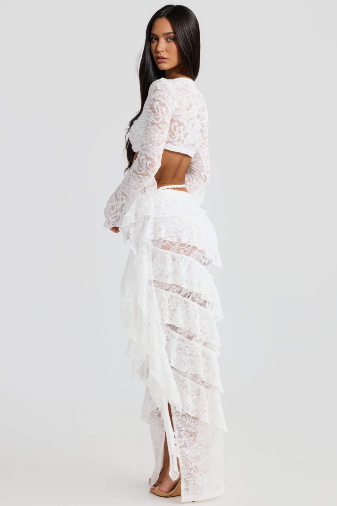 Margaux White Lace Layered Ribbon Maxi Dress Set