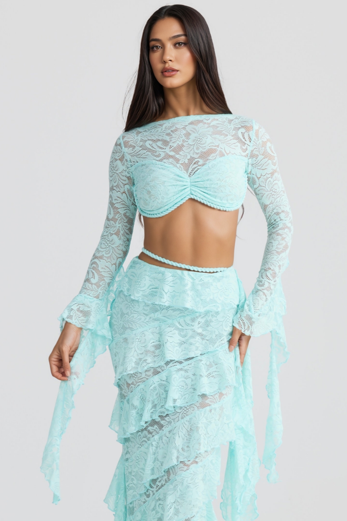 Jenny Blue Lace Layered Ribbon Maxi Dress Set