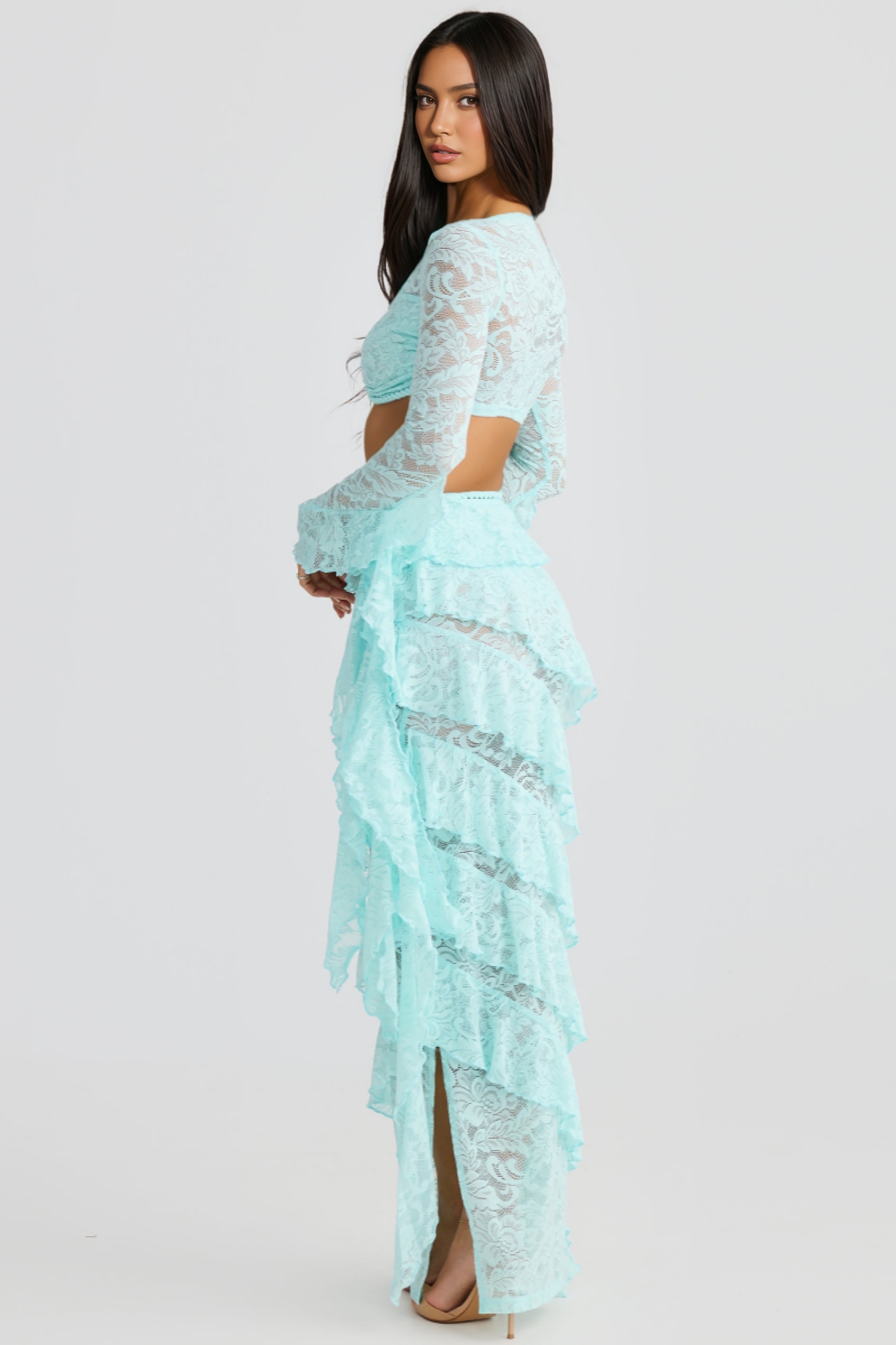 Jenny Blue Lace Layered Ribbon Maxi Dress Set