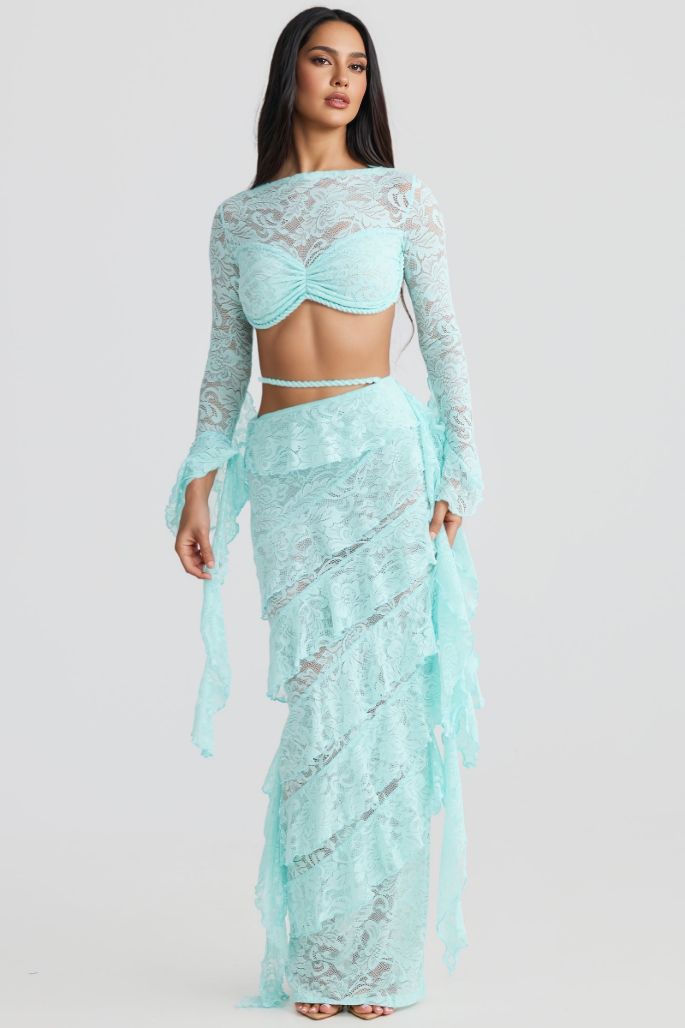 Jenny Blue Lace Layered Ribbon Maxi Dress Set