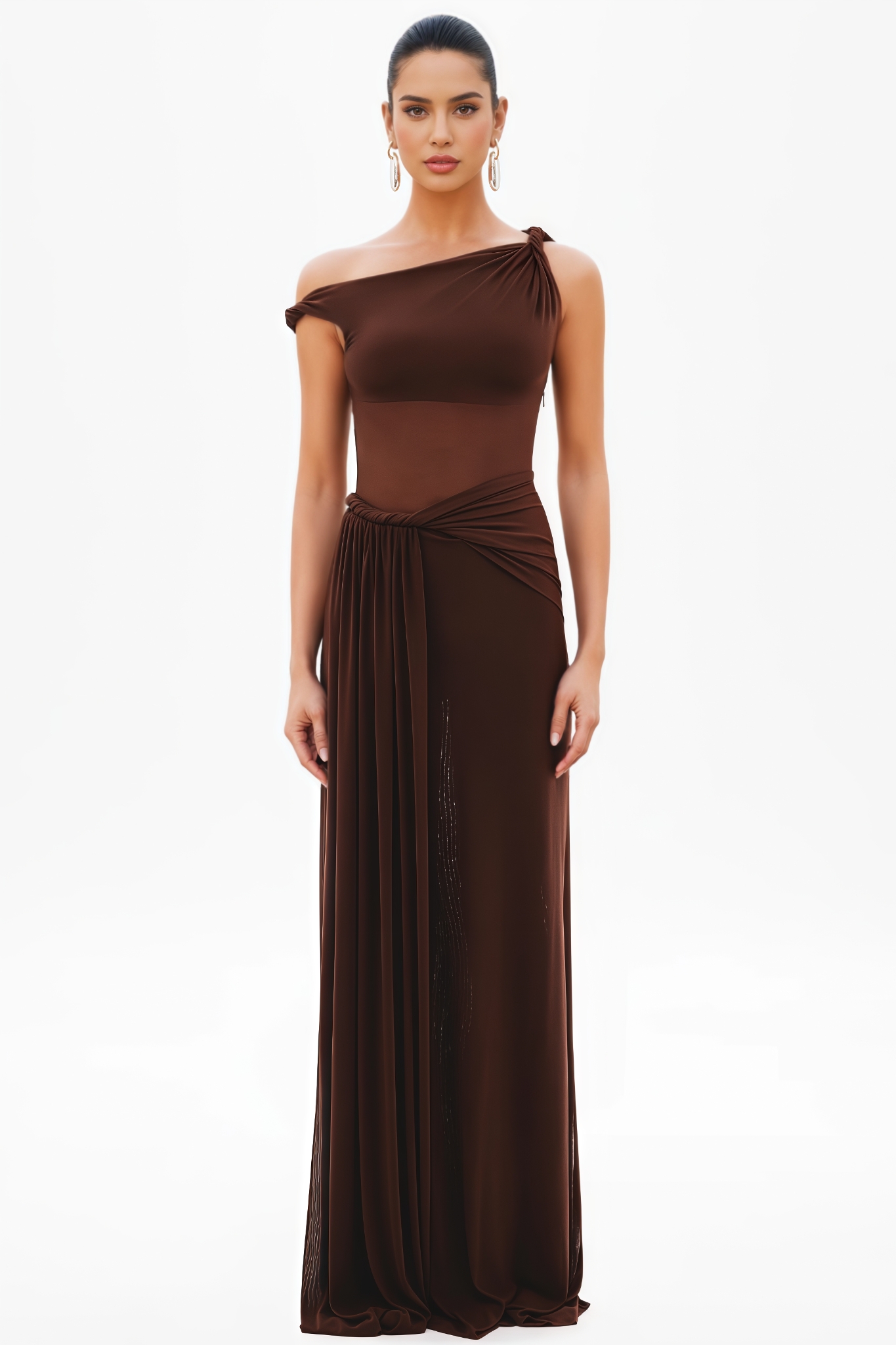 Koydan Brown Ruched Mesh Maxi Dress