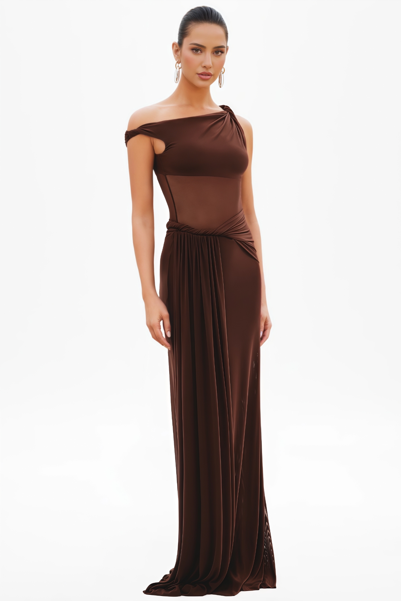 Koydan Brown Ruched Mesh Maxi Dress