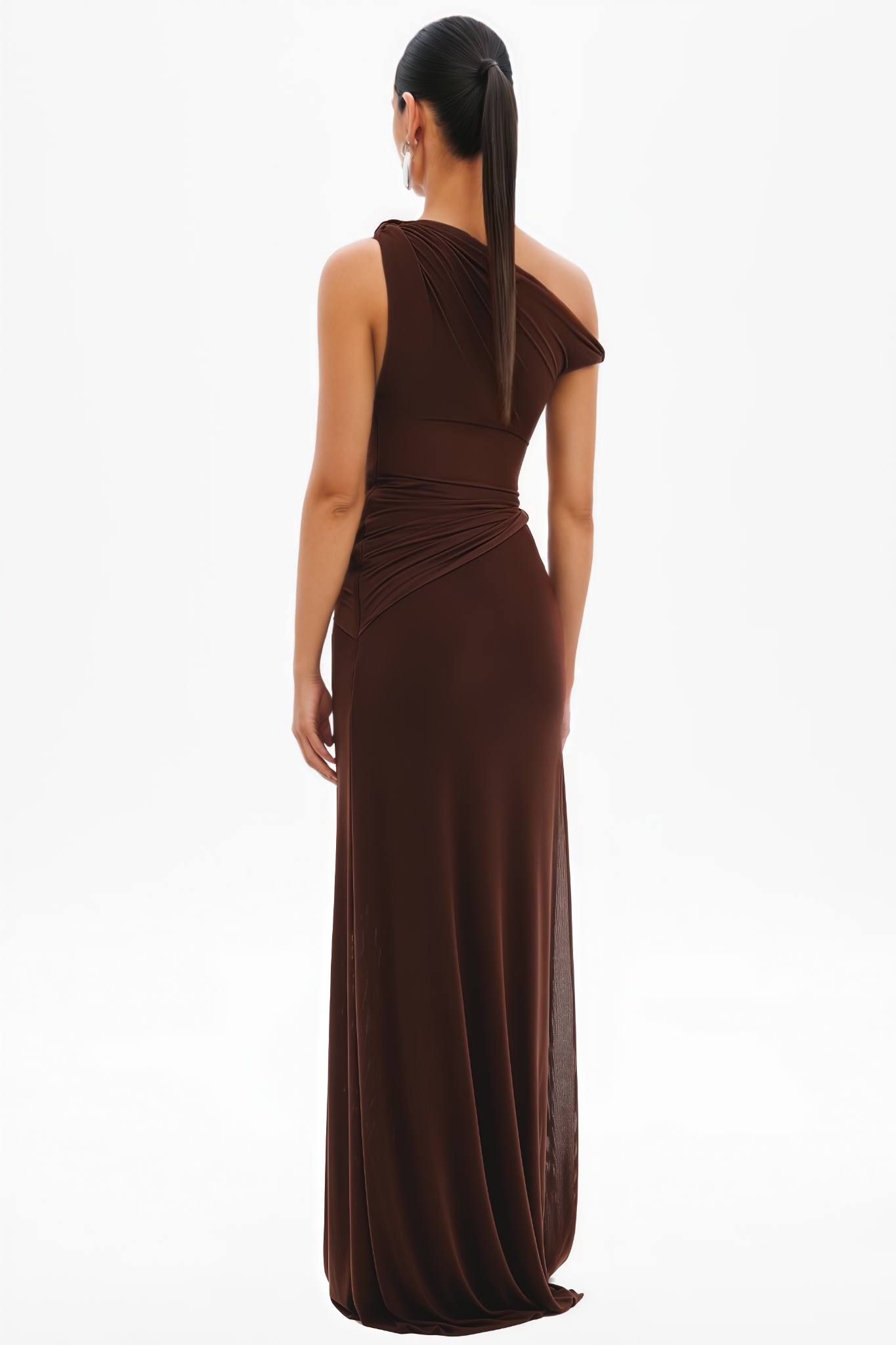 Koydan Brown Ruched Mesh Maxi Dress
