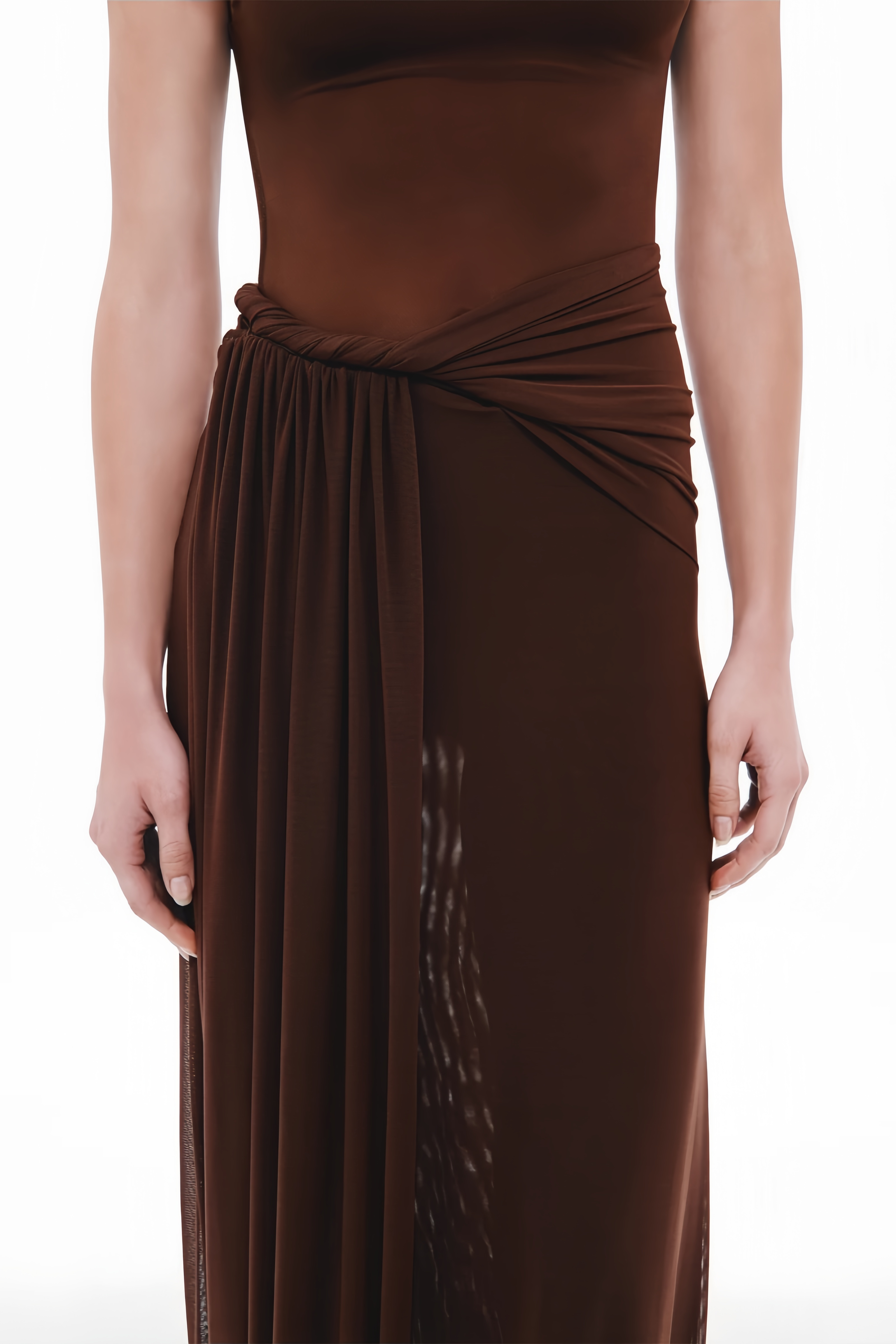 Koydan Brown Ruched Mesh Maxi Dress
