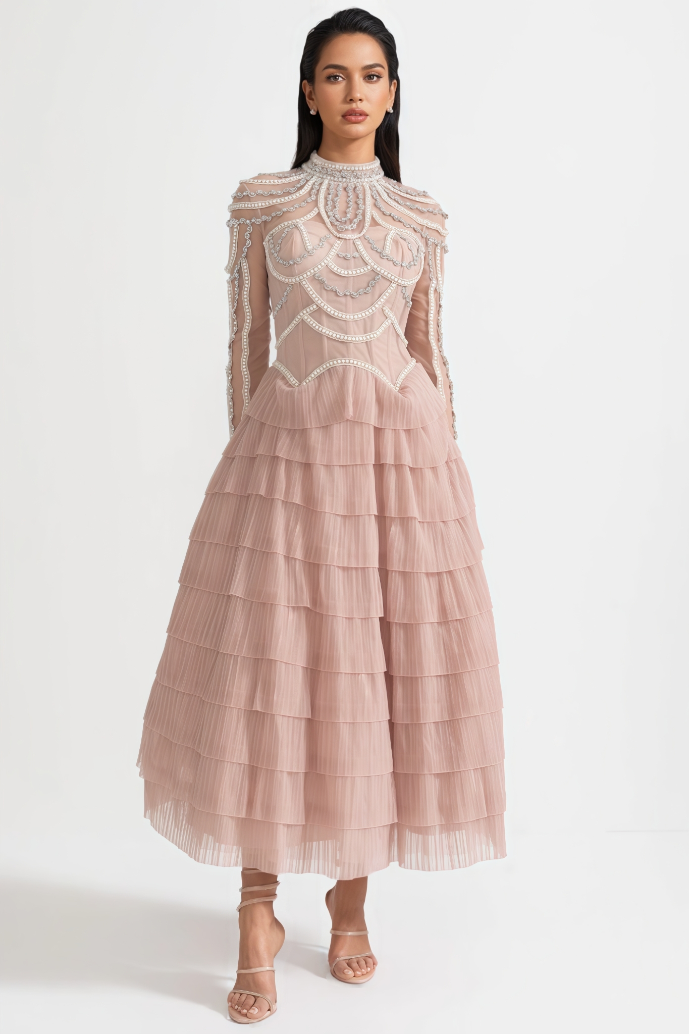 Avere Pink Long Sleeved Beaded Embellished Maxi Dress