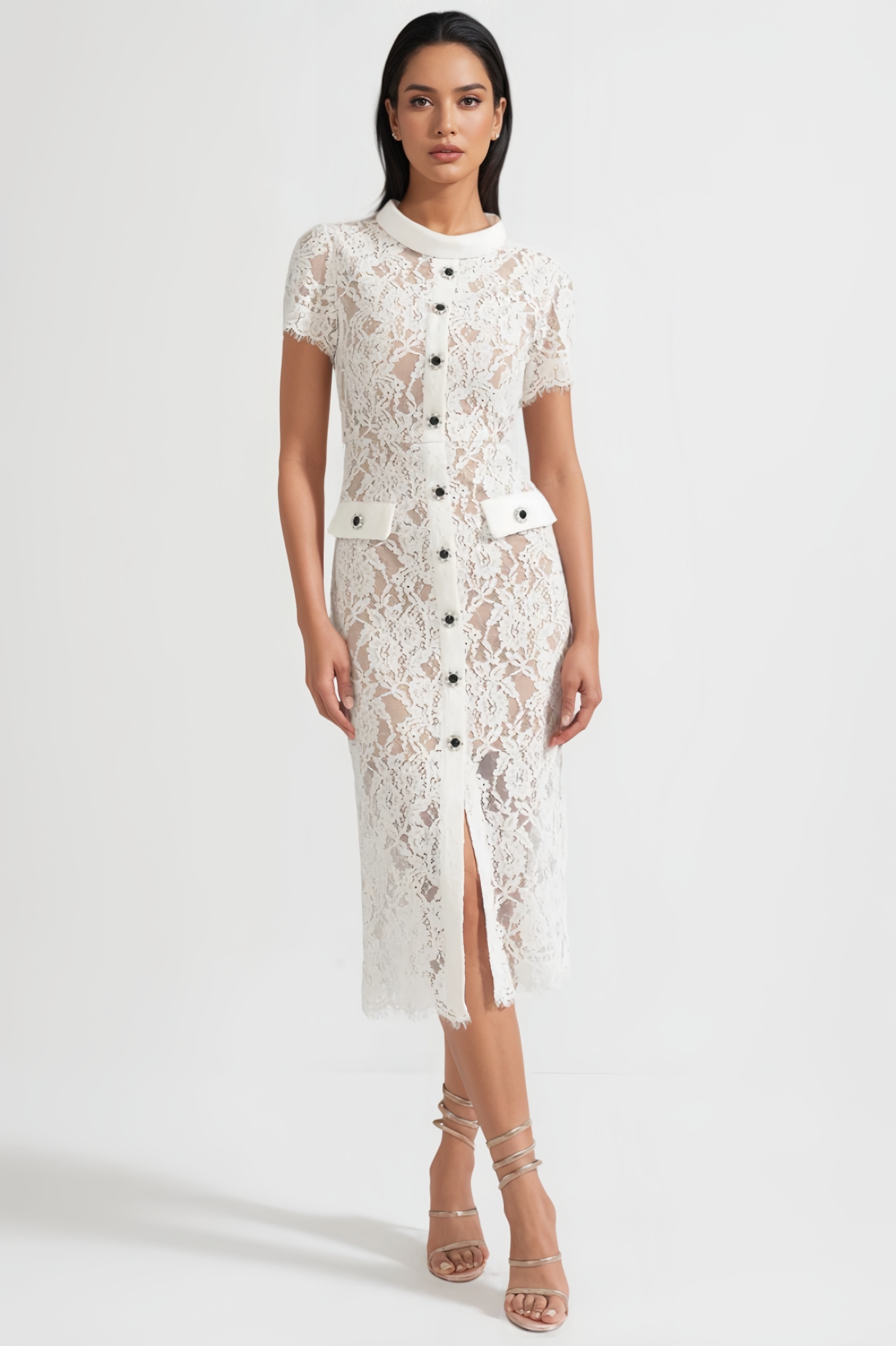 Quarot White Short Sleeve Lace Midi Dress