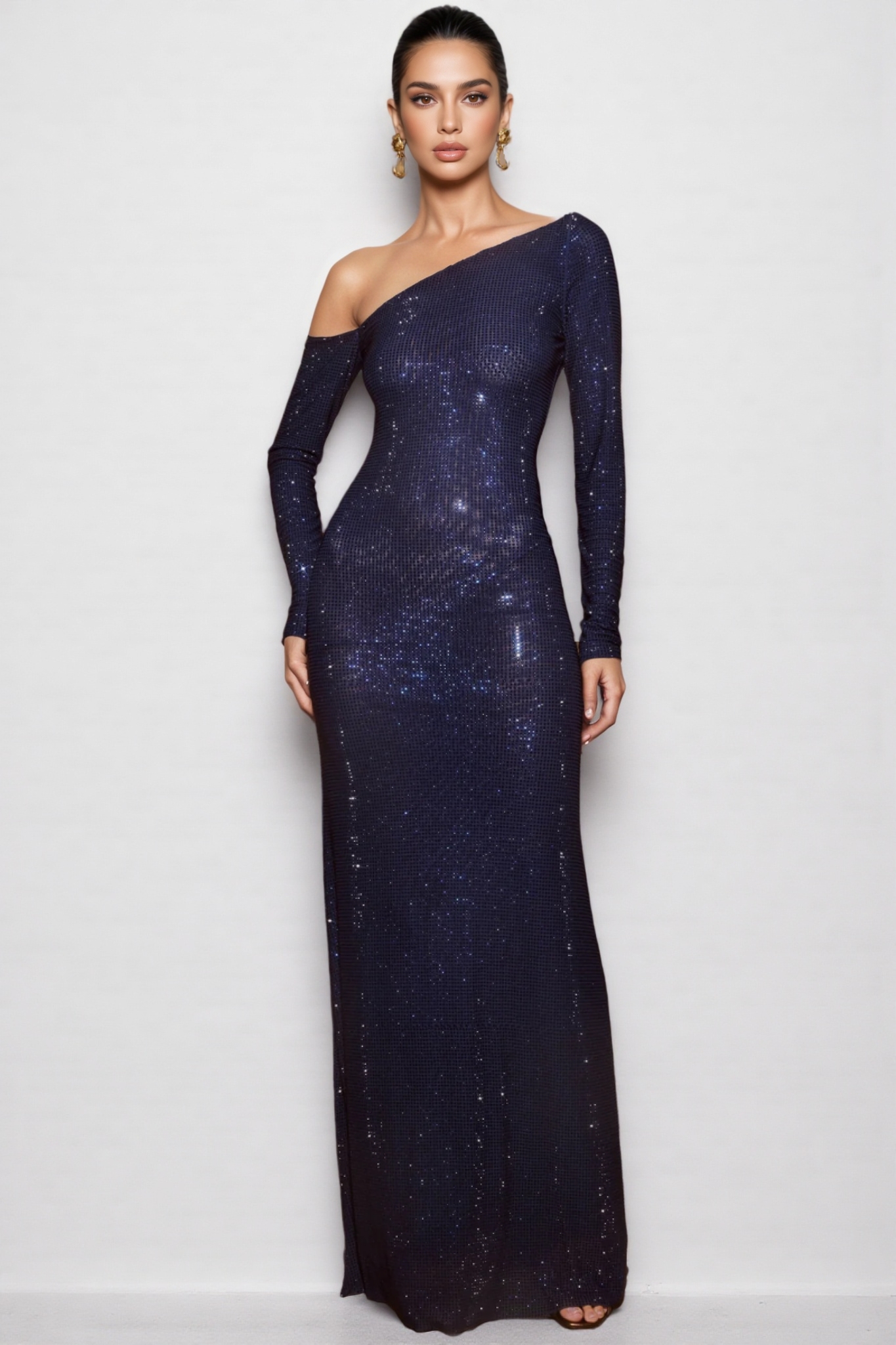 Ceyra Blue Diamante Long Sleeve Maxi Dress