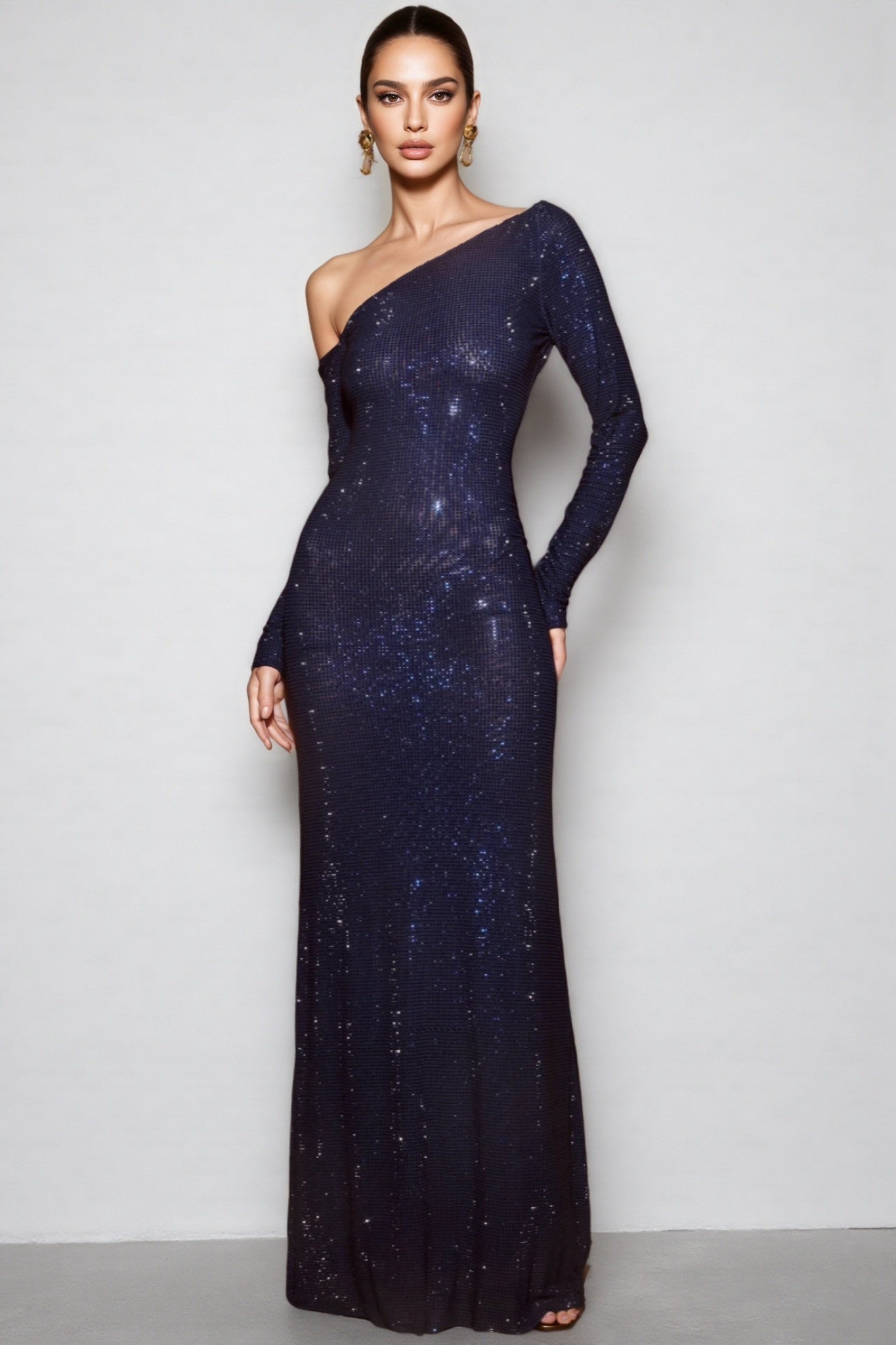 Ceyra Blue Diamante Long Sleeve Maxi Dress