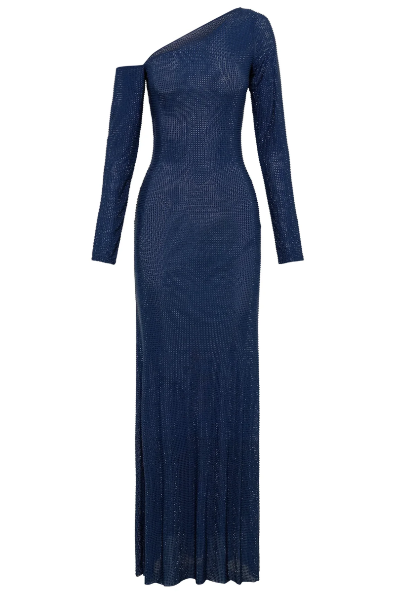 Ceyra Blue Diamante Long Sleeve Maxi Dress