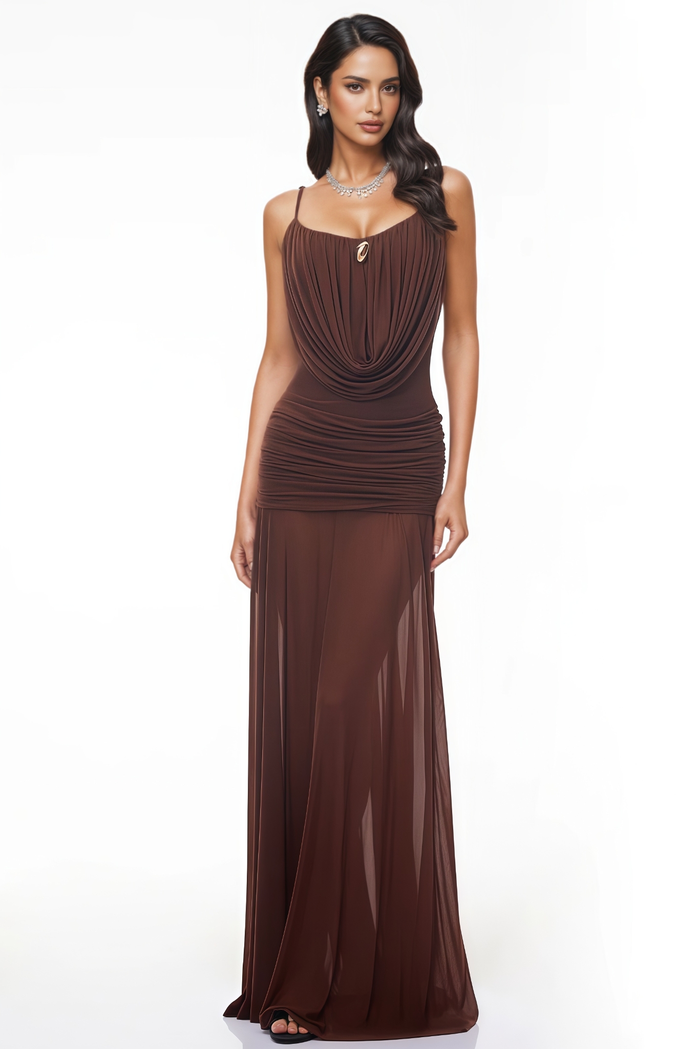 Froye Brown Sleeveless Ruched Maxi Dress