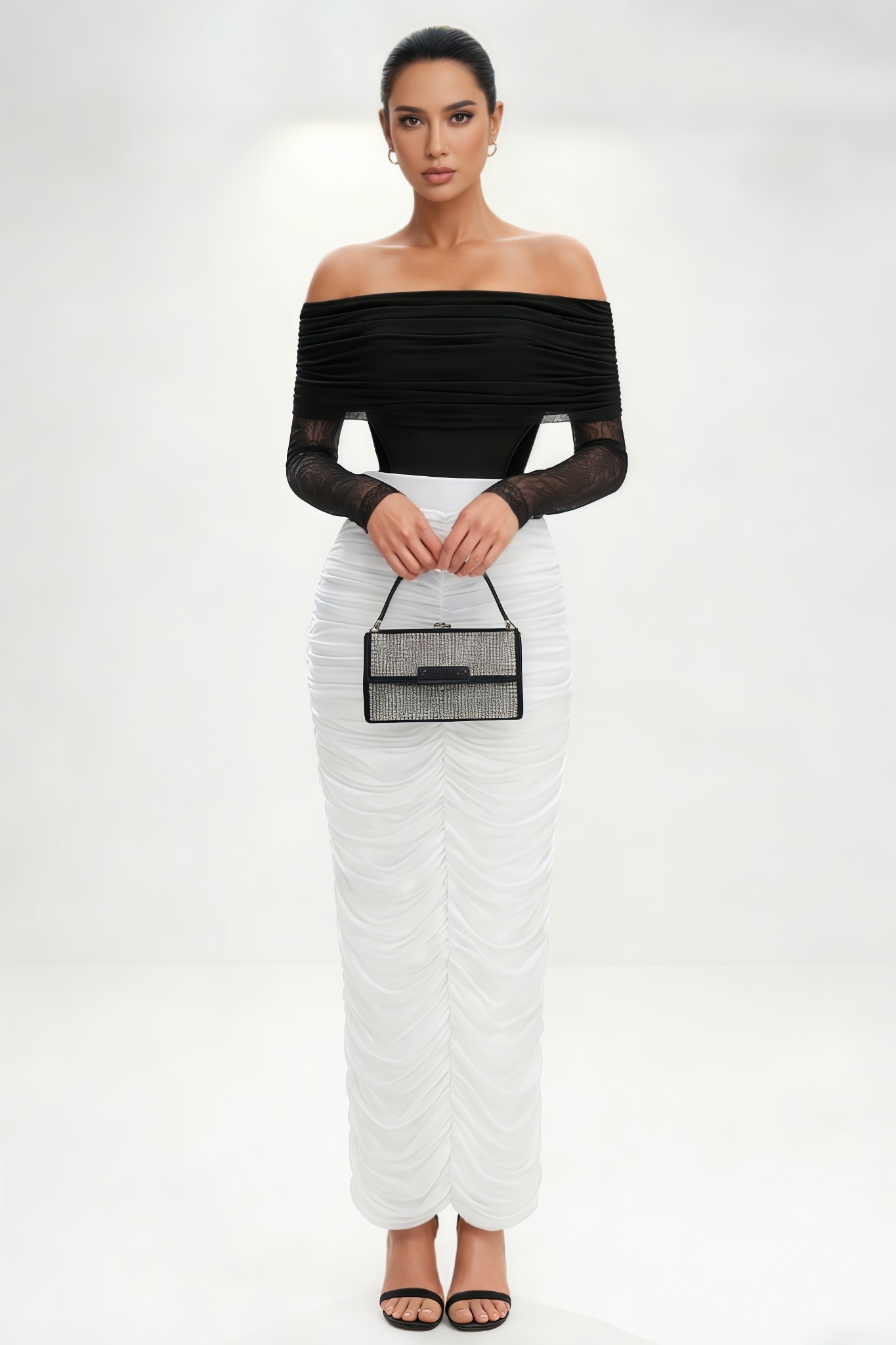 Daily Mesh Sleeve Ruched Maxi Dress Set