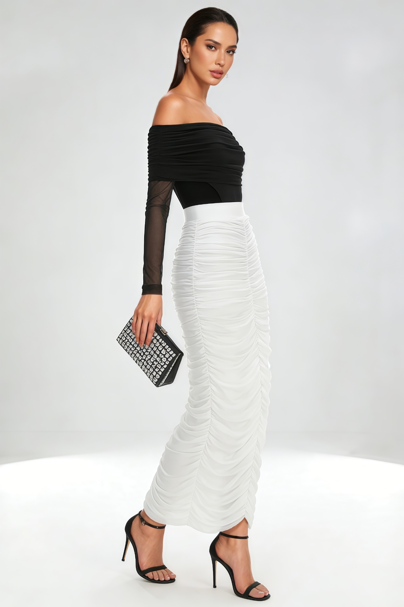 Daily Mesh Sleeve Ruched Maxi Dress Set