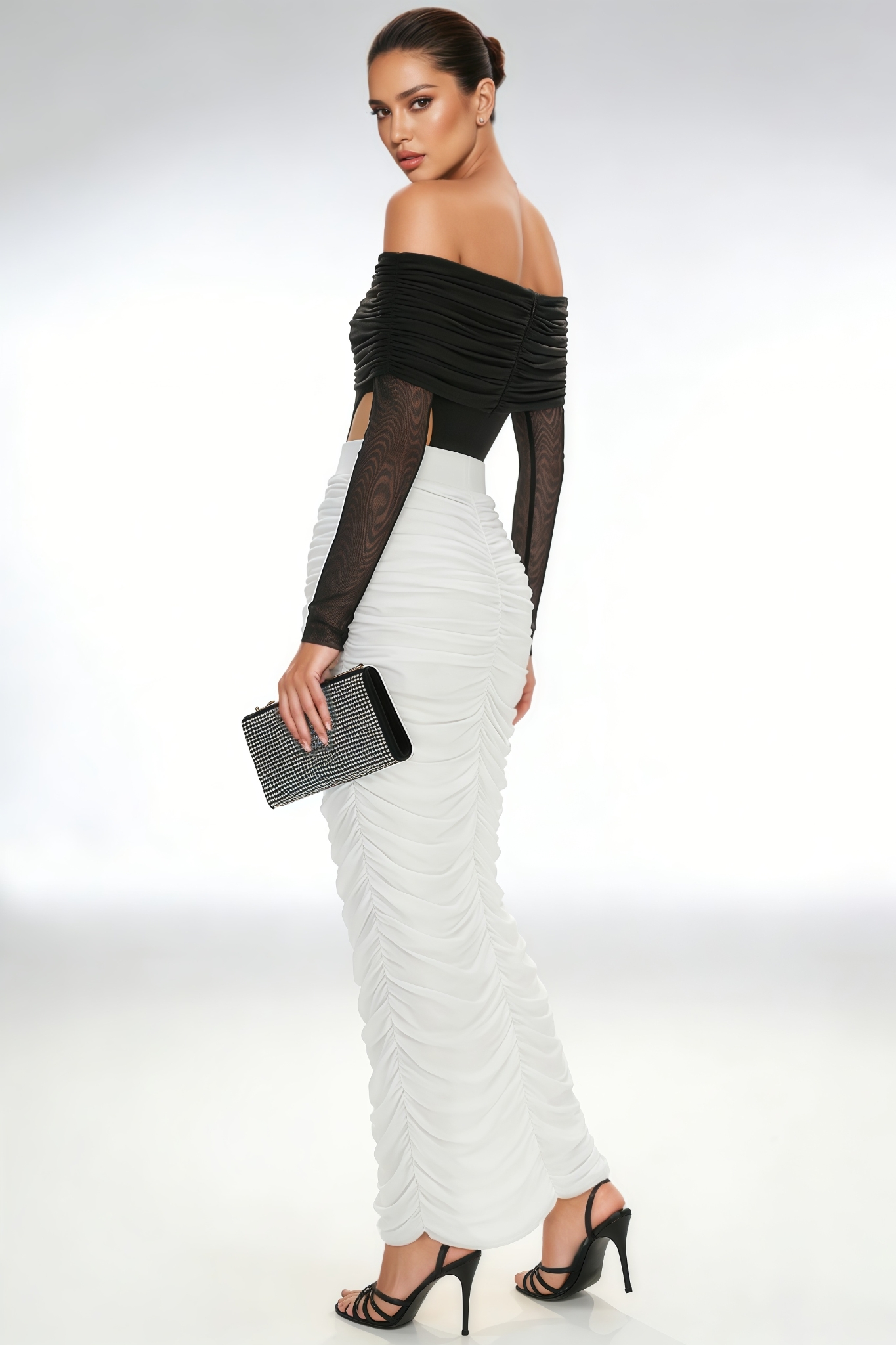 Daily Mesh Sleeve Ruched Maxi Dress Set