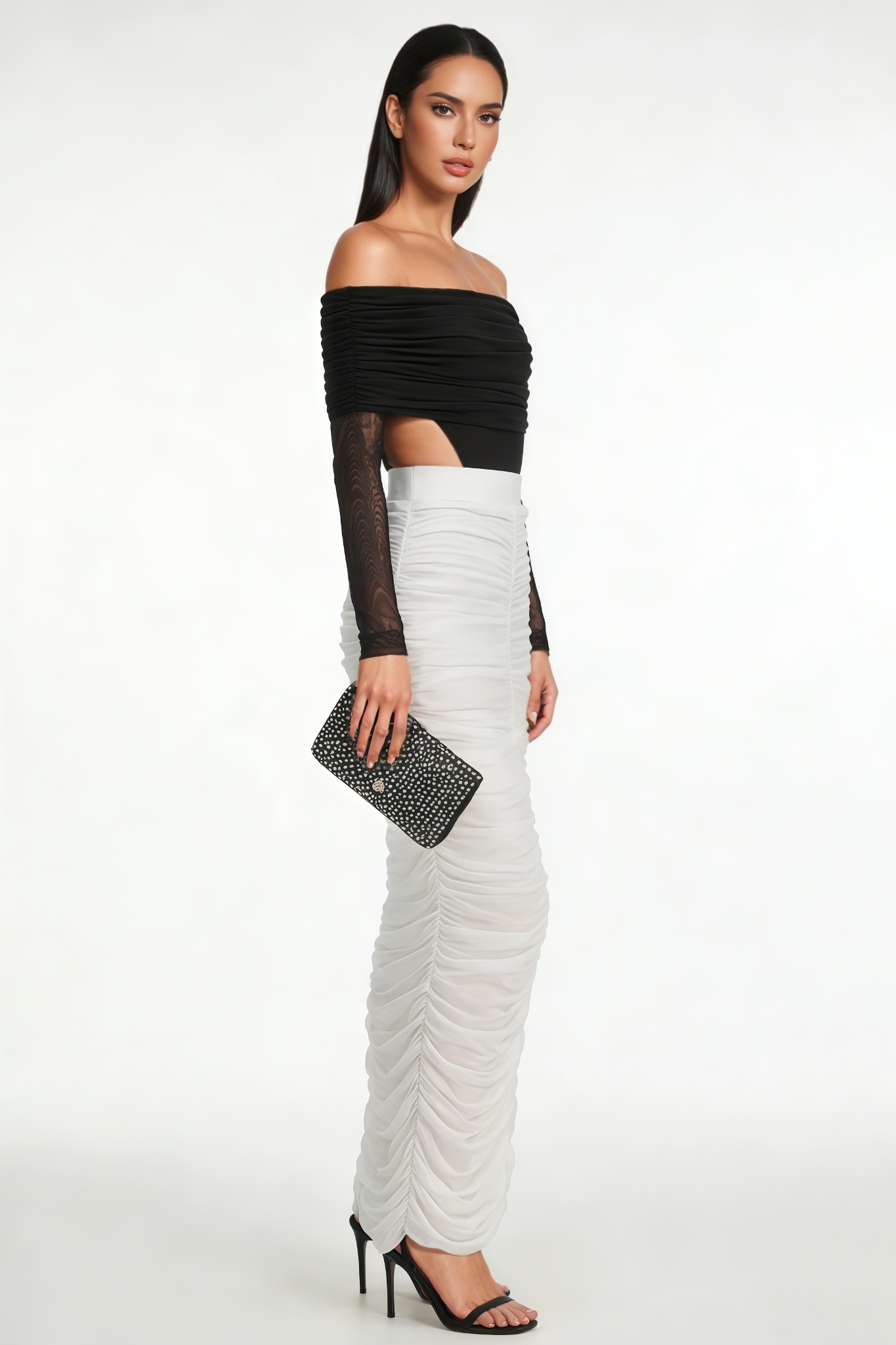Daily Mesh Sleeve Ruched Maxi Dress Set