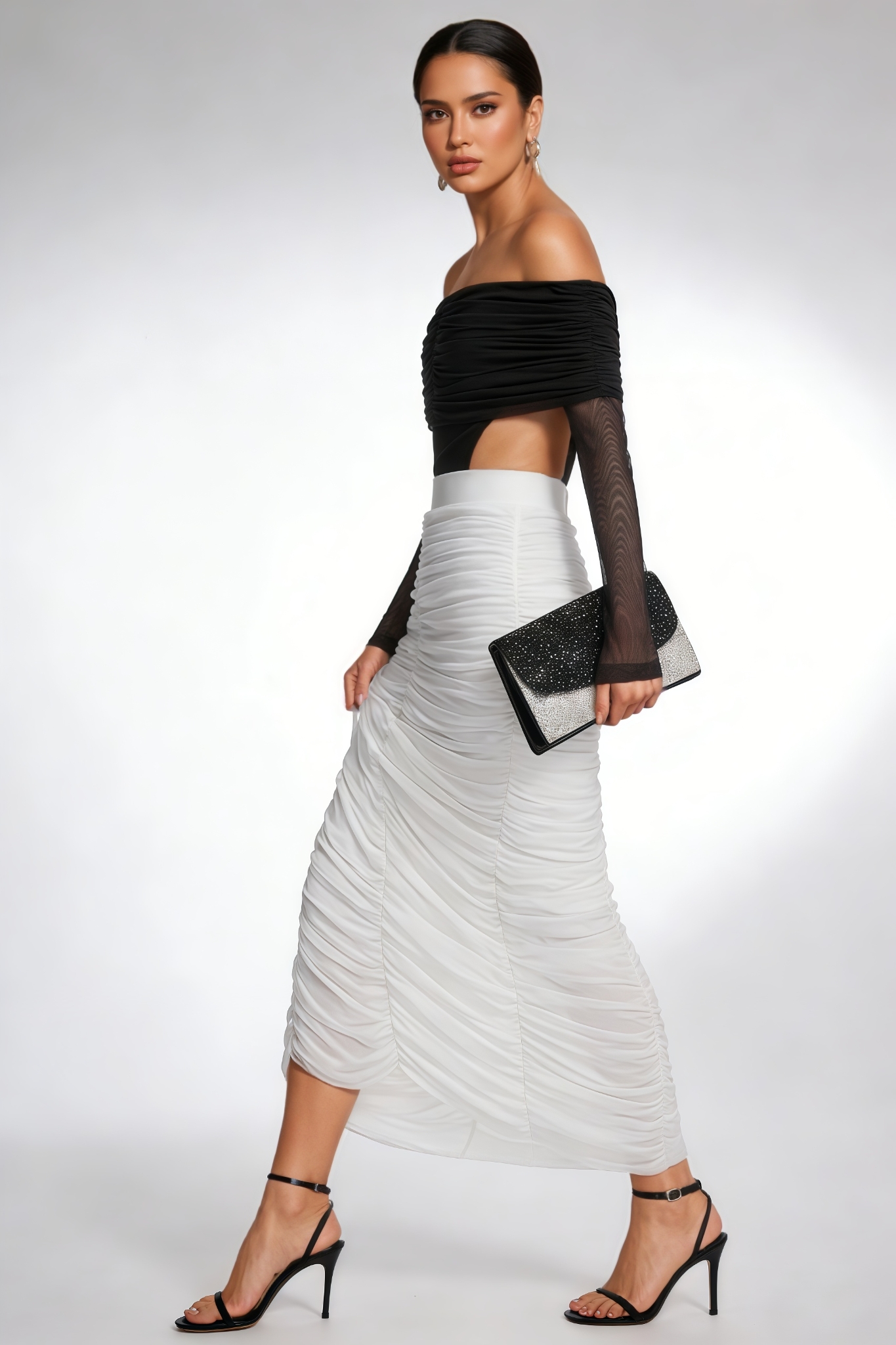 Daily Mesh Sleeve Ruched Maxi Dress Set