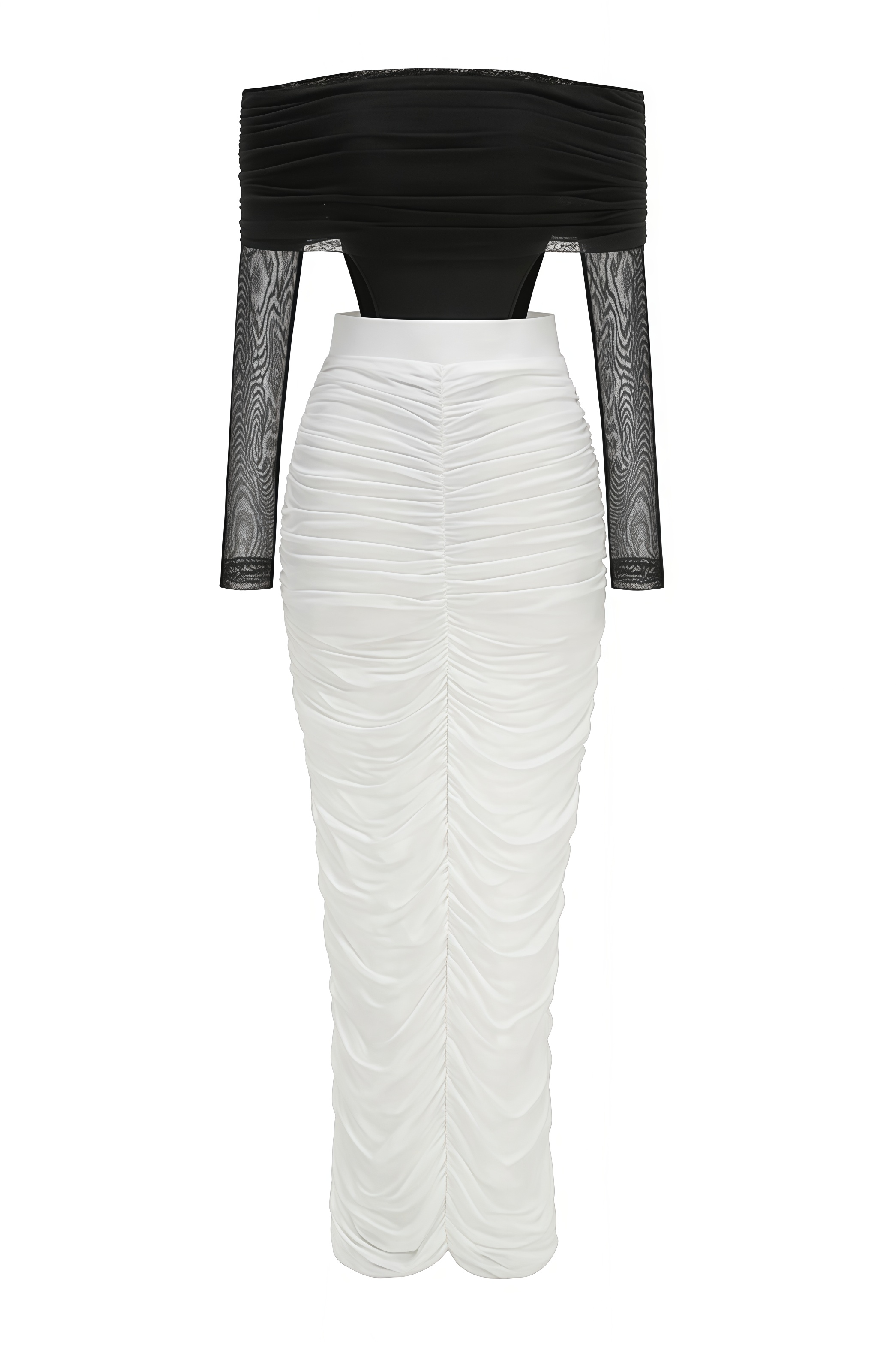 Daily Mesh Sleeve Ruched Maxi Dress Set