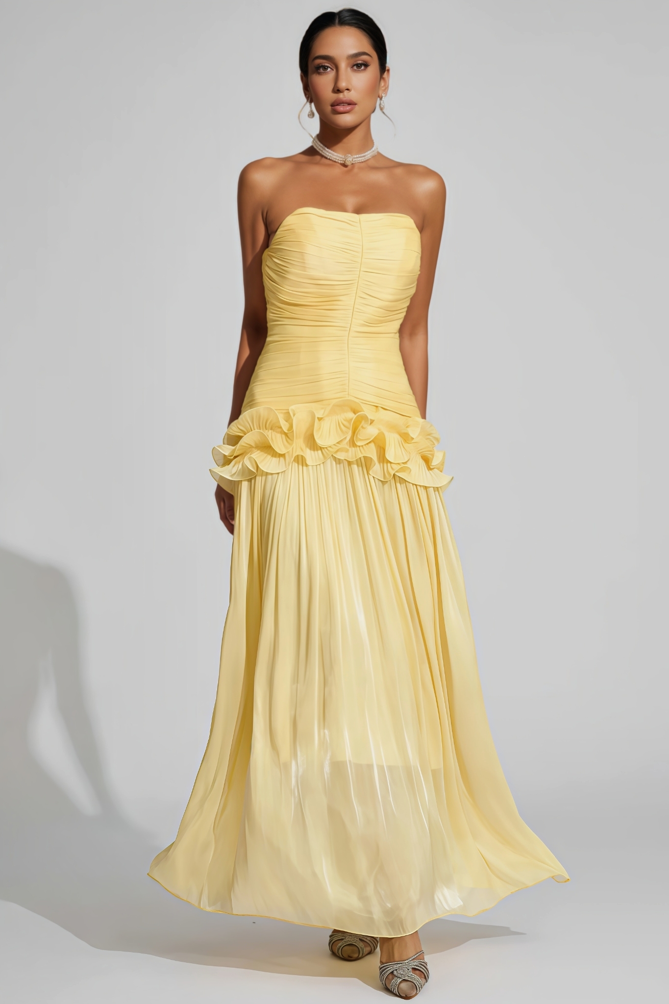 Vaire Yellow Strapless Ruffled Maxi Dress
