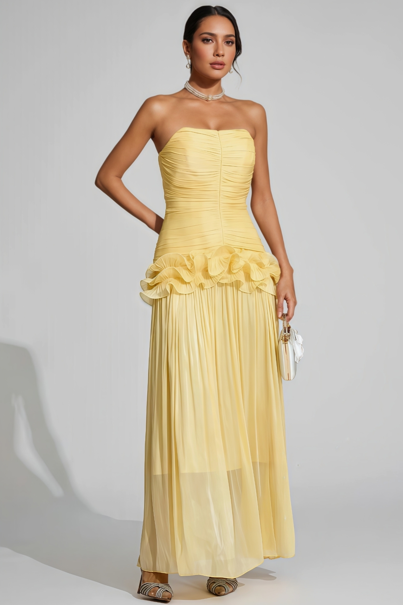 Vaire Yellow Strapless Ruffled Maxi Dress