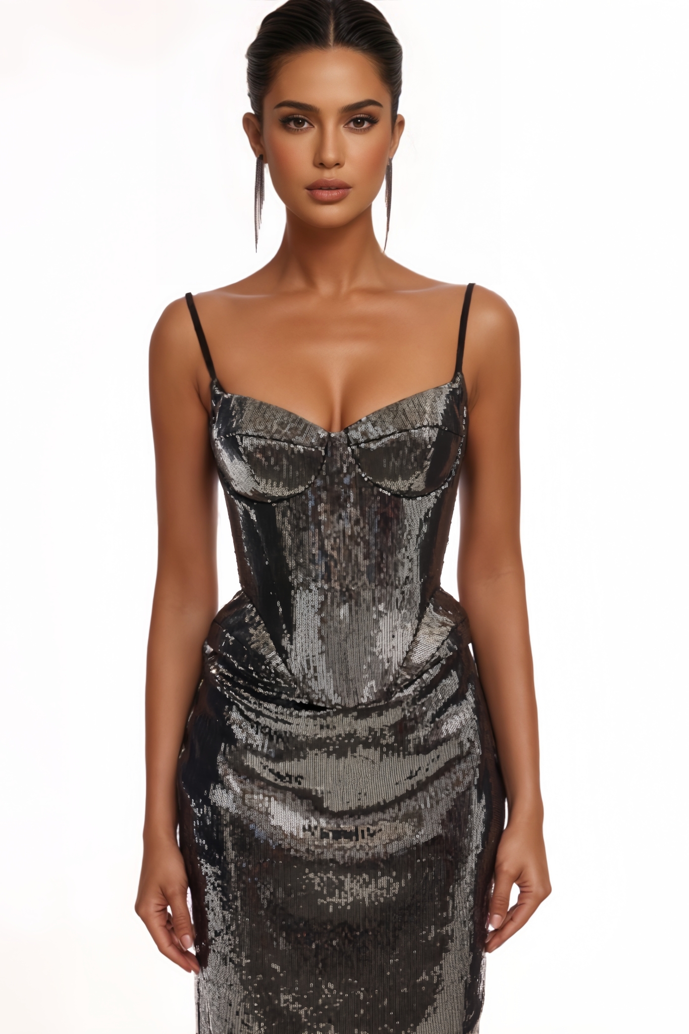 Brixa Grey Spaghetti Straps Sequined Maxi Dress