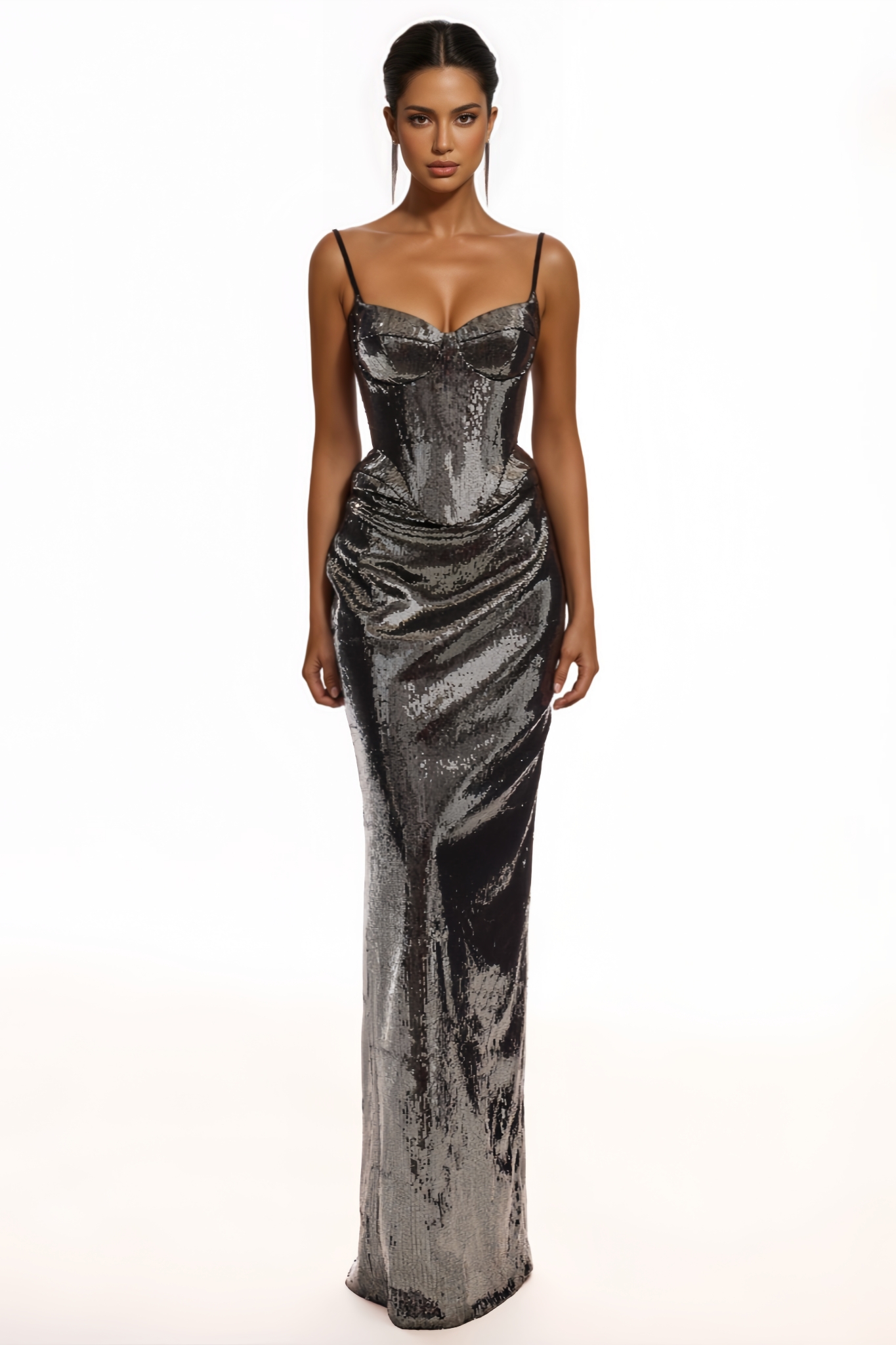 Brixa Grey Spaghetti Straps Sequined Maxi Dress