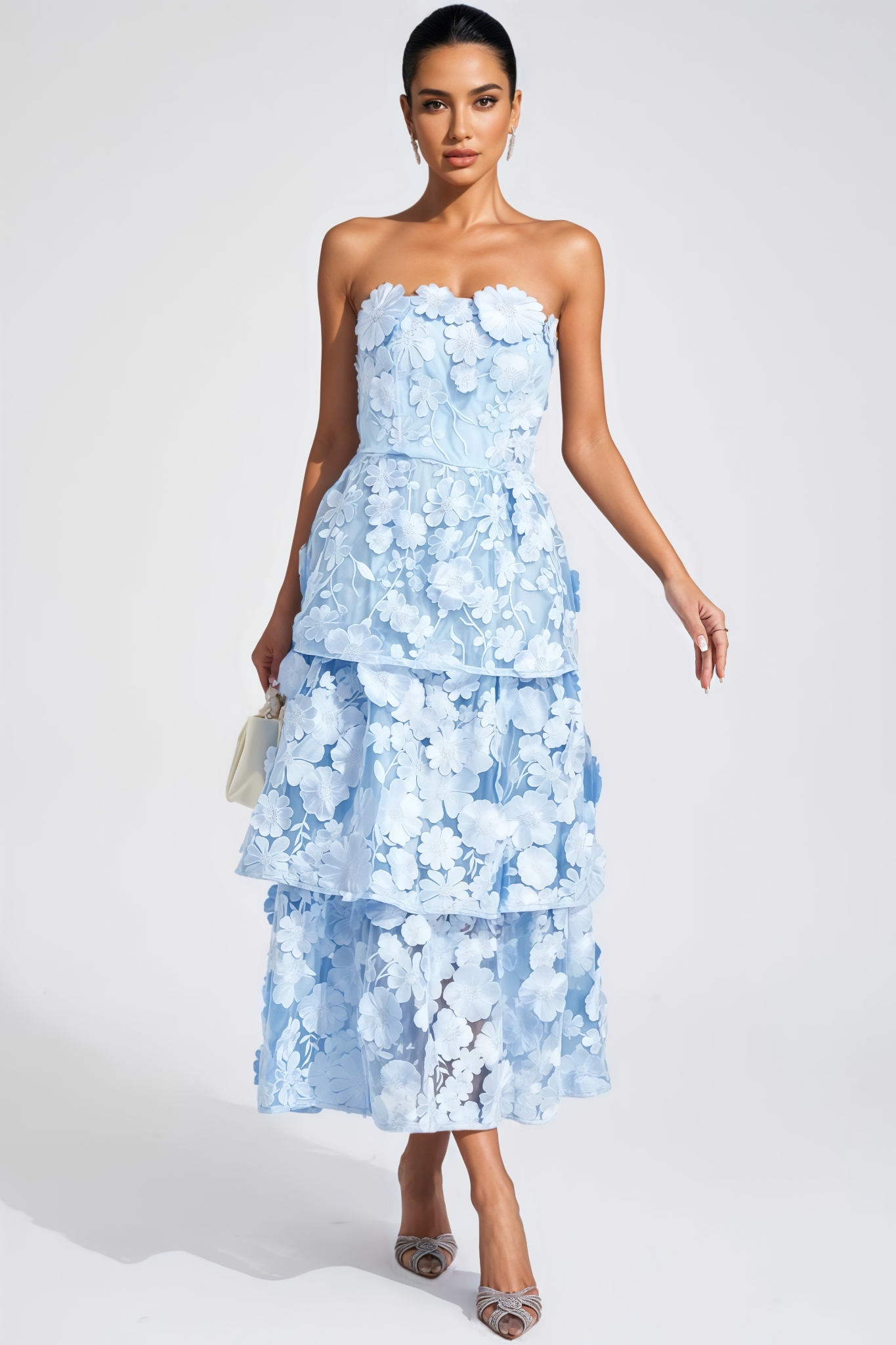 Blue Flower Off Shoulder Midi Dress