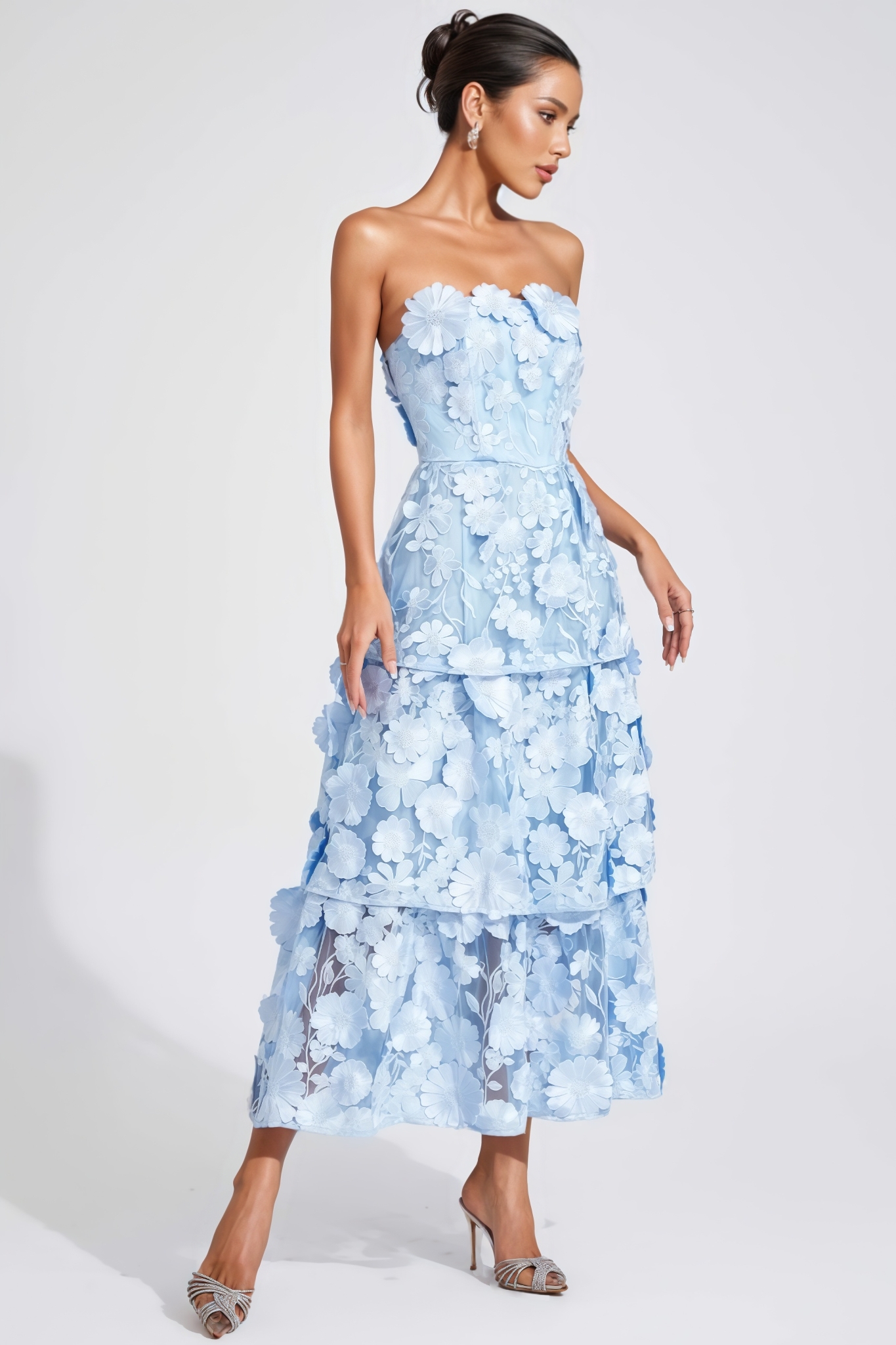 Blue Flower Off Shoulder Midi Dress