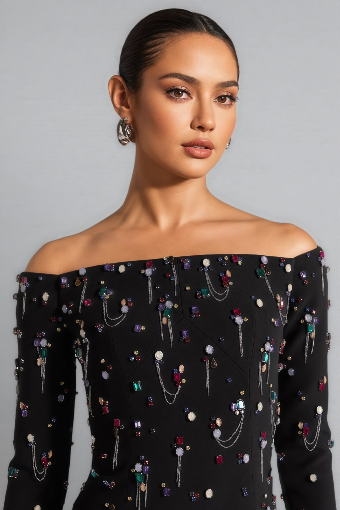 Opala Black Beaded Rhinestone Maxi Dress