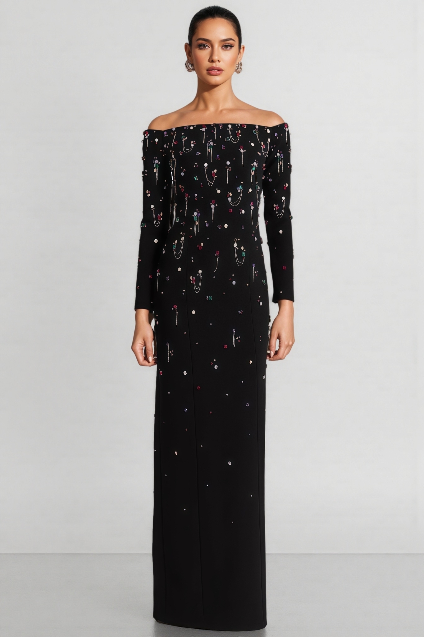 Opala Black Beaded Rhinestone Maxi Dress